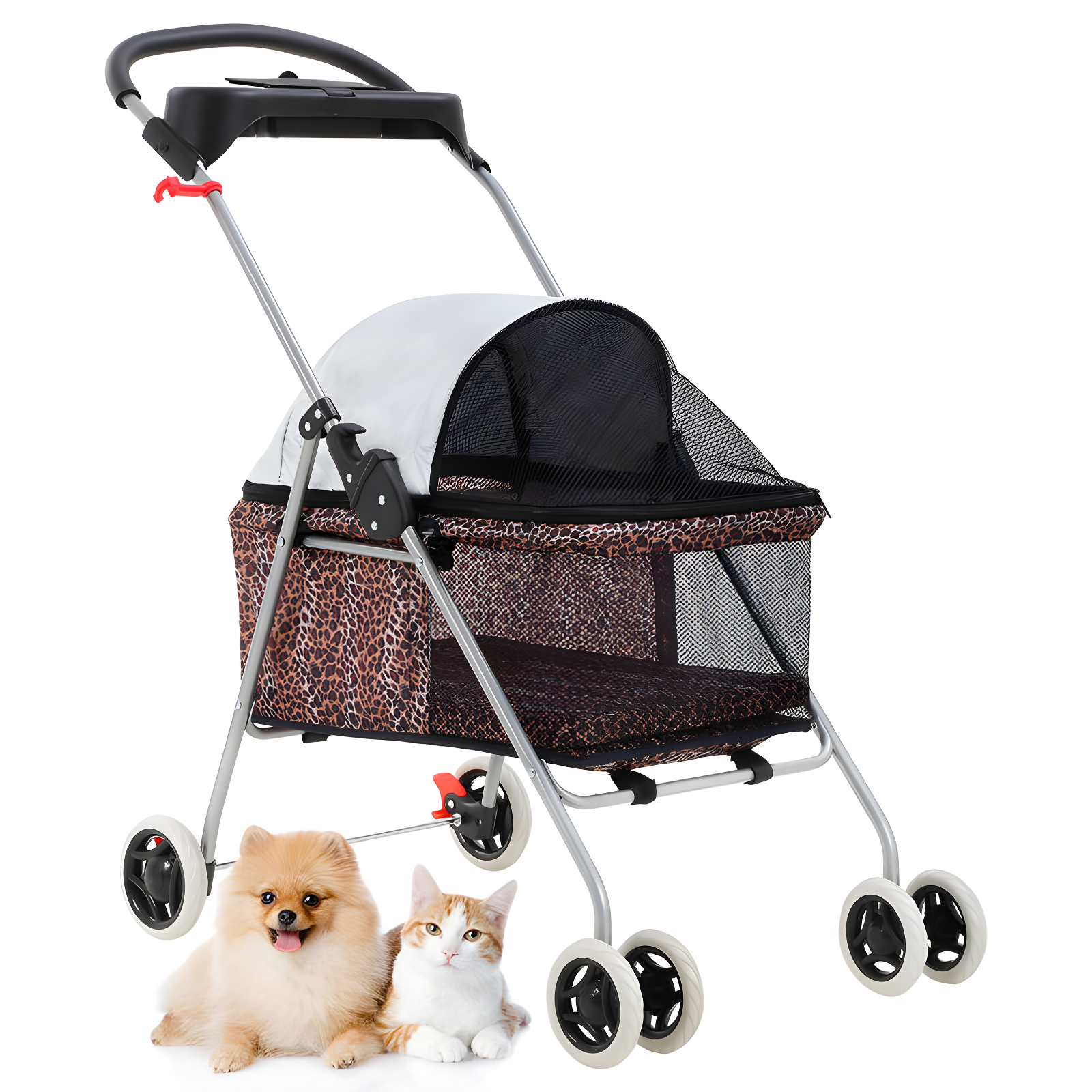 Leopard Print Folding Pet Stroller with Cup Holder