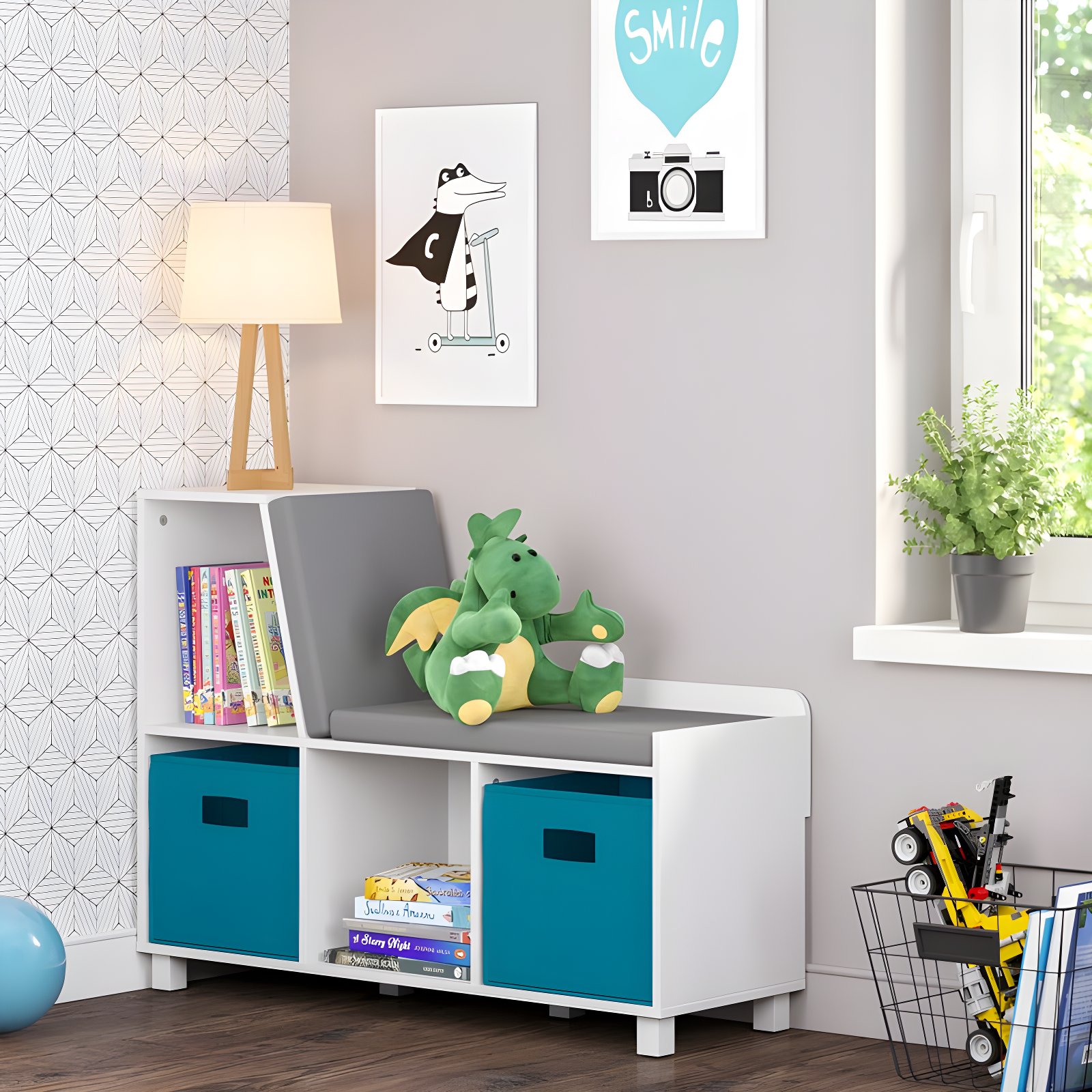 White MDF Kids Storage Bench with Gray Cushion and Cubbies