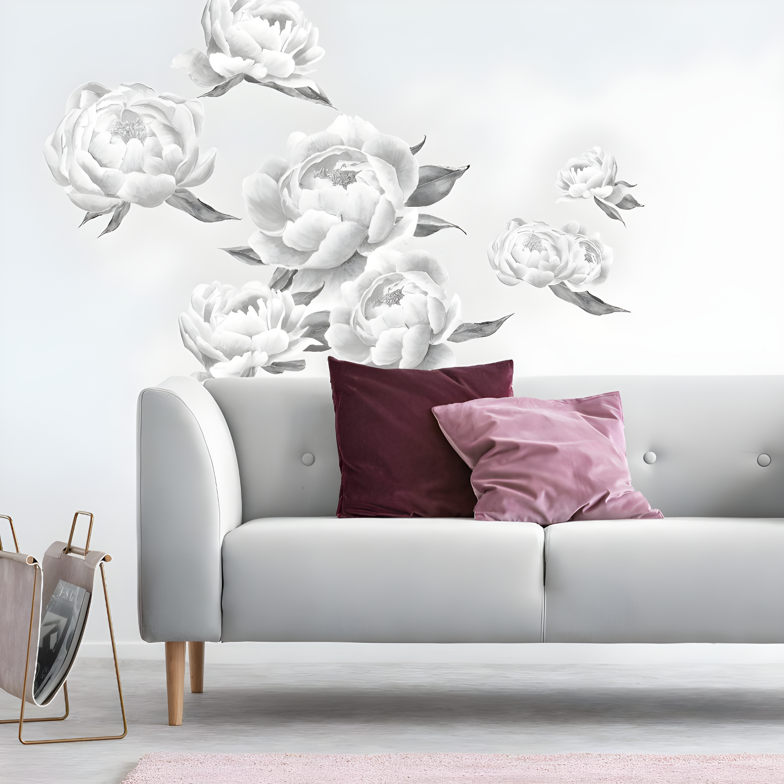 Black and White Peonies Vinyl Wall Decal Set, 15 Pieces