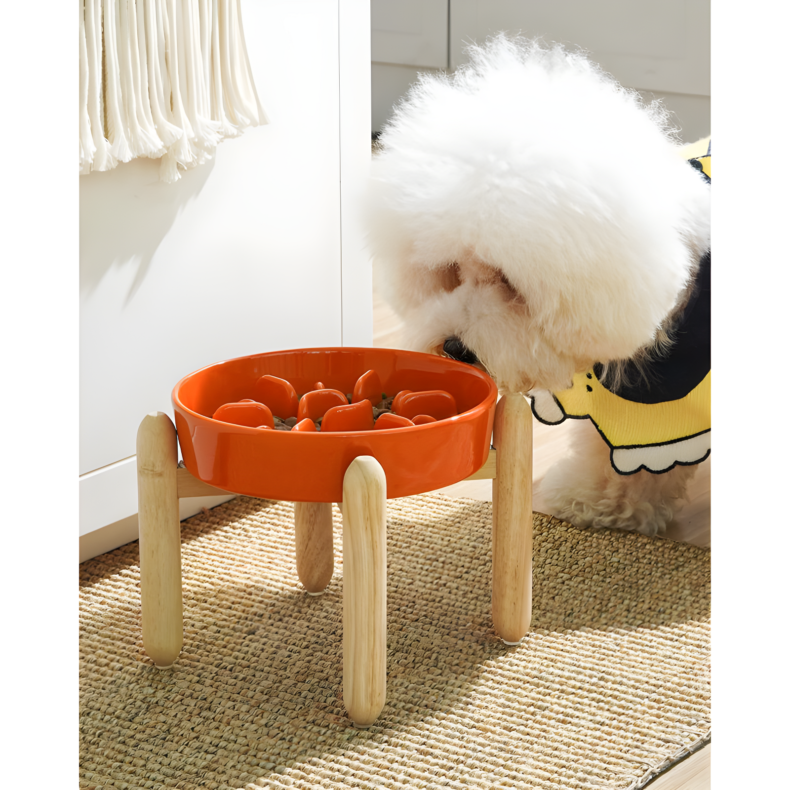 Sun Orange Ceramic Slow Feeder Dog Bowl with Wooden Stand