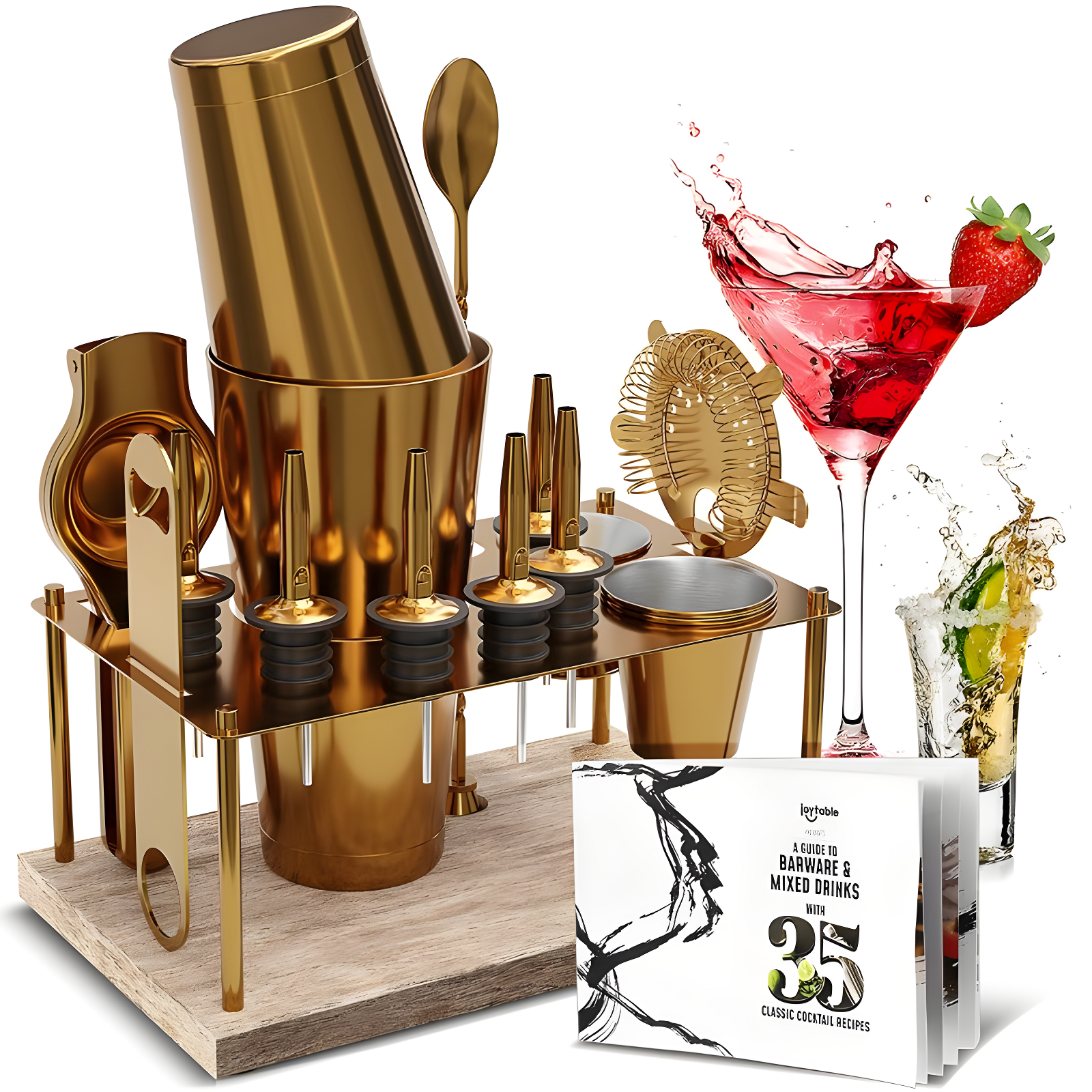 Gold Stainless Steel 17-Piece Cocktail Shaker Set with Wood Stand