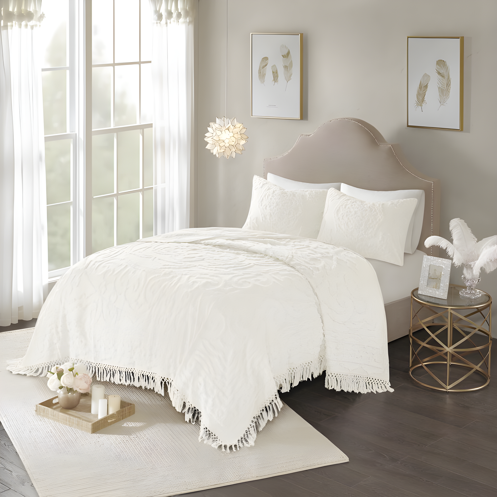 Twin Off-White Cotton Chenille Medallion Coverlet Set