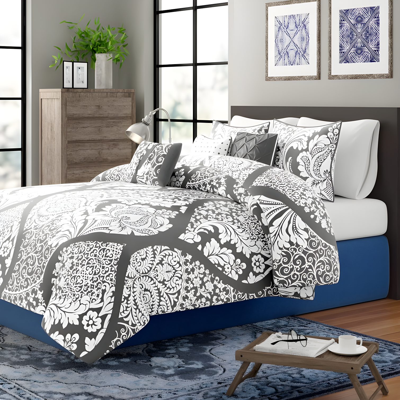 Gray Damask Cotton Reversible California King Comforter Set