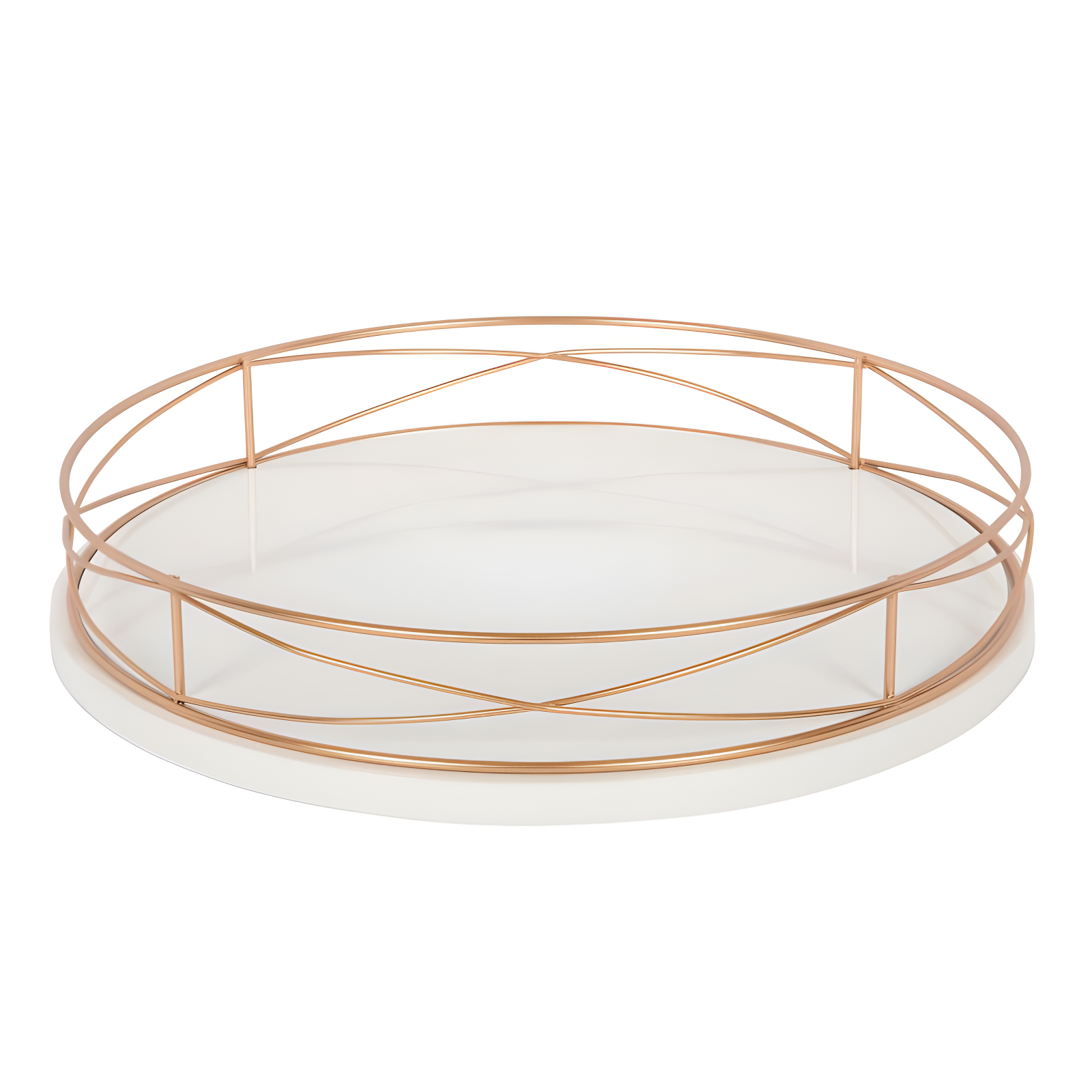 White and Rose Gold 14" Round MDF Tray with Metal Rim