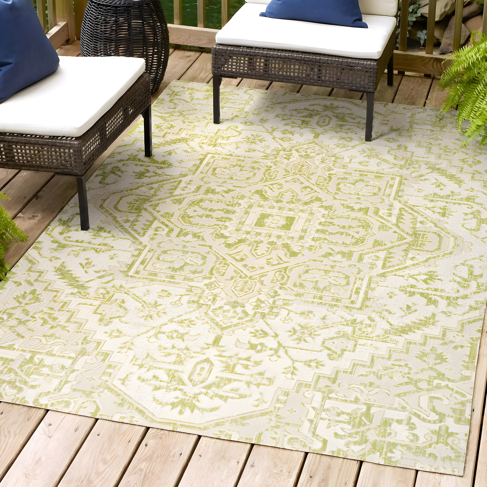 Estrella Gray and Green Bohemian Medallion Indoor/Outdoor Rug