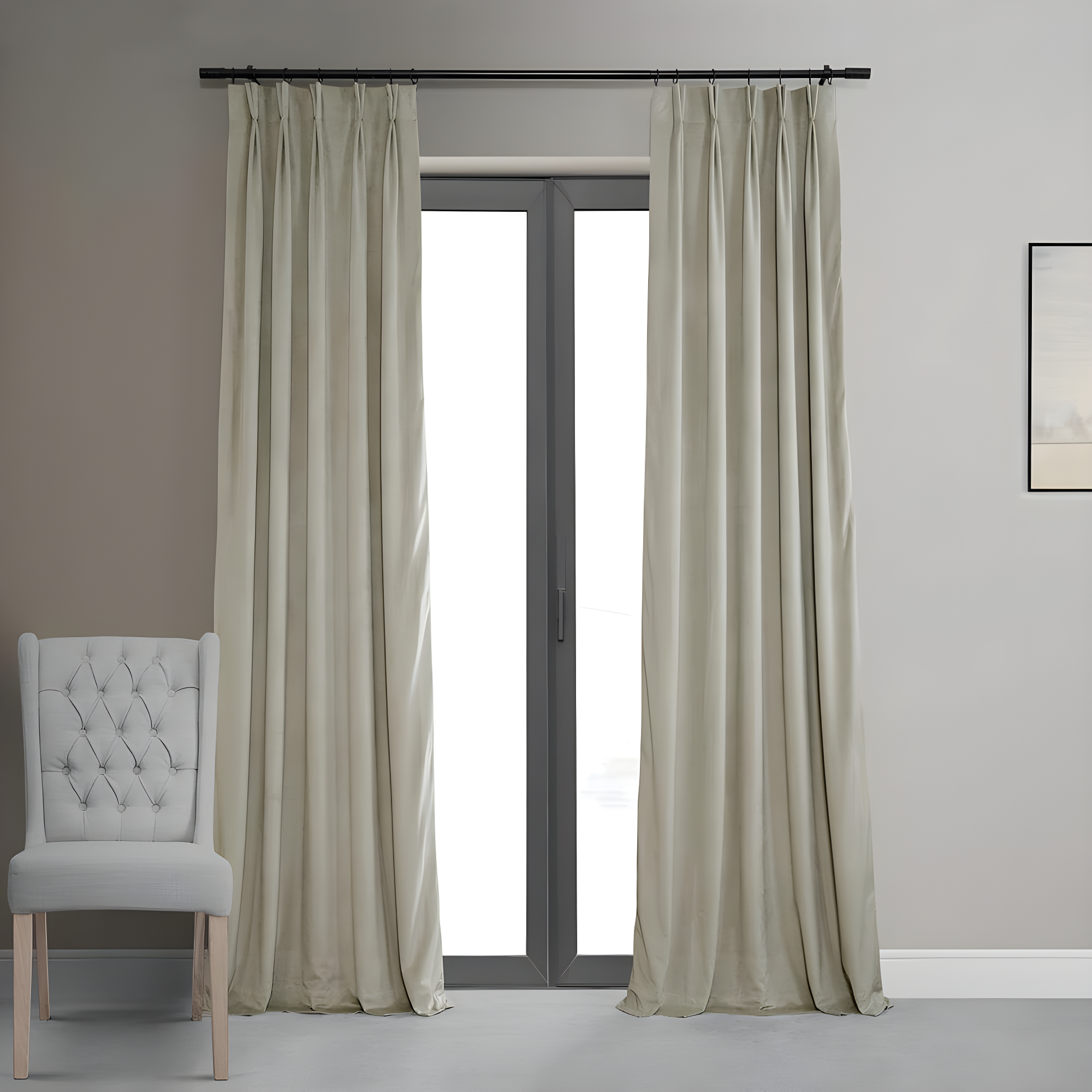 Cool Beige Velvet Blackout Pleated Curtain Panel 25x84