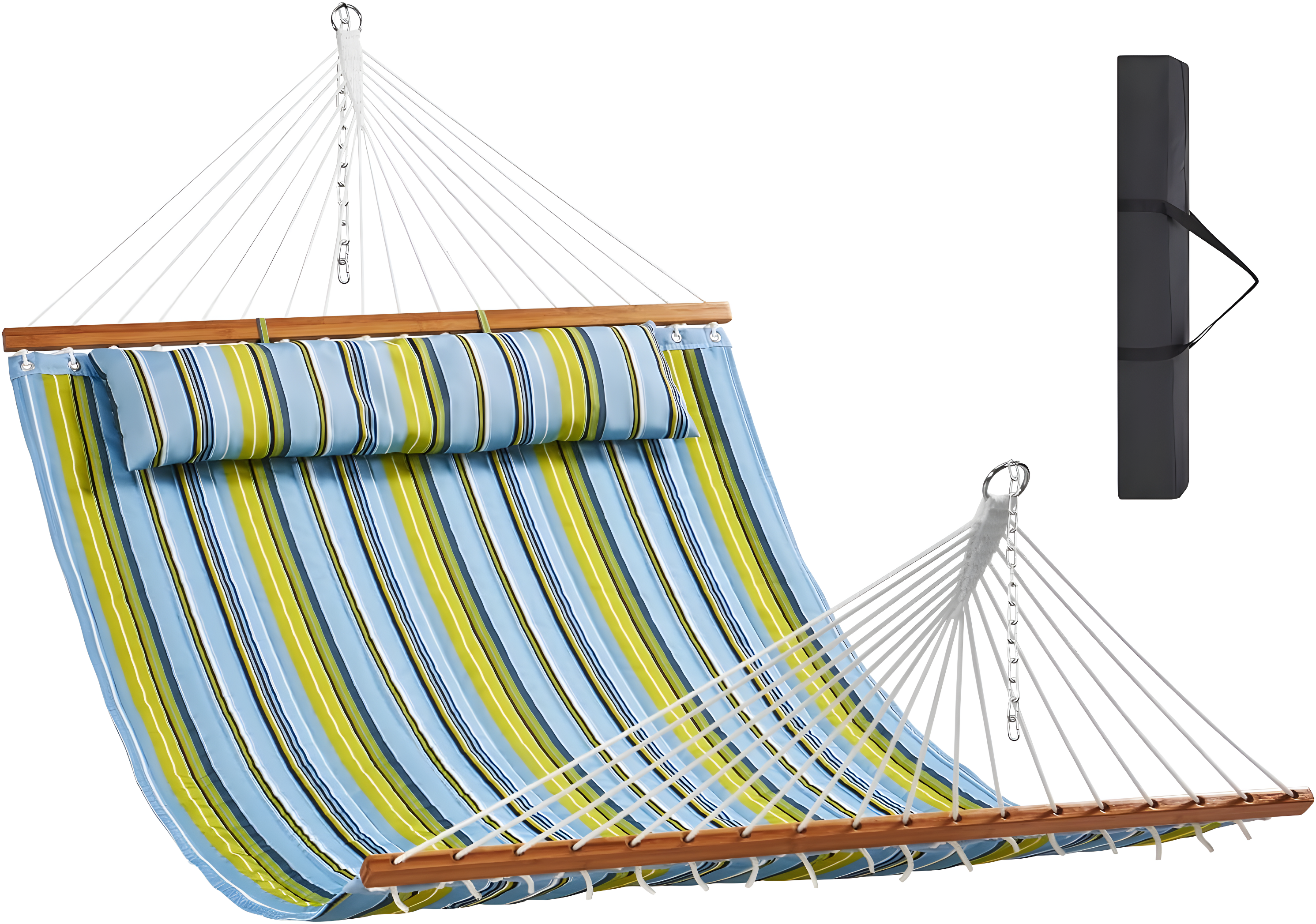 12 FT Blue and Green Quilted Fabric Hammock with Hardwood Spreader Bars