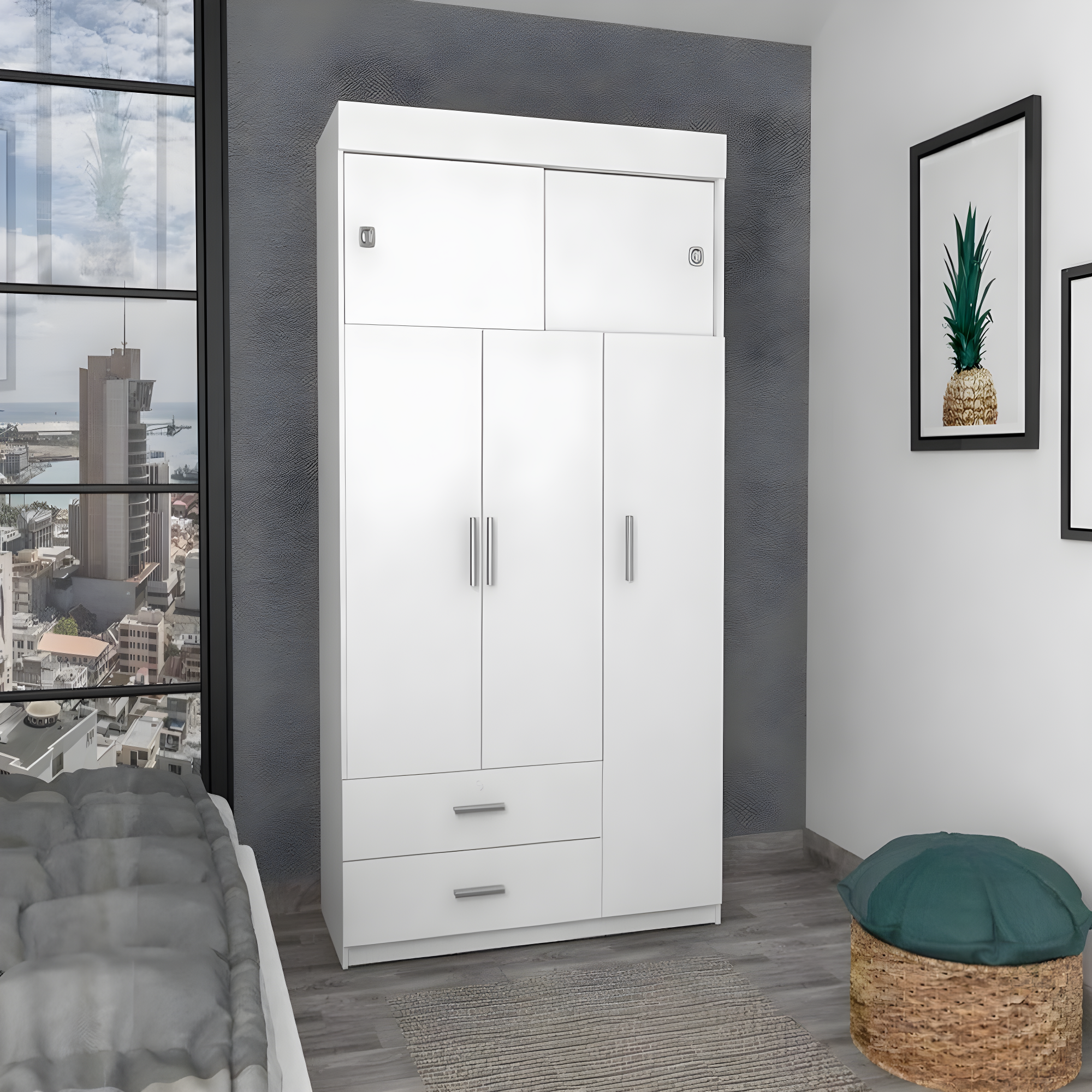 Chaplin White Manufactured Wood Armoire with Sliding Doors