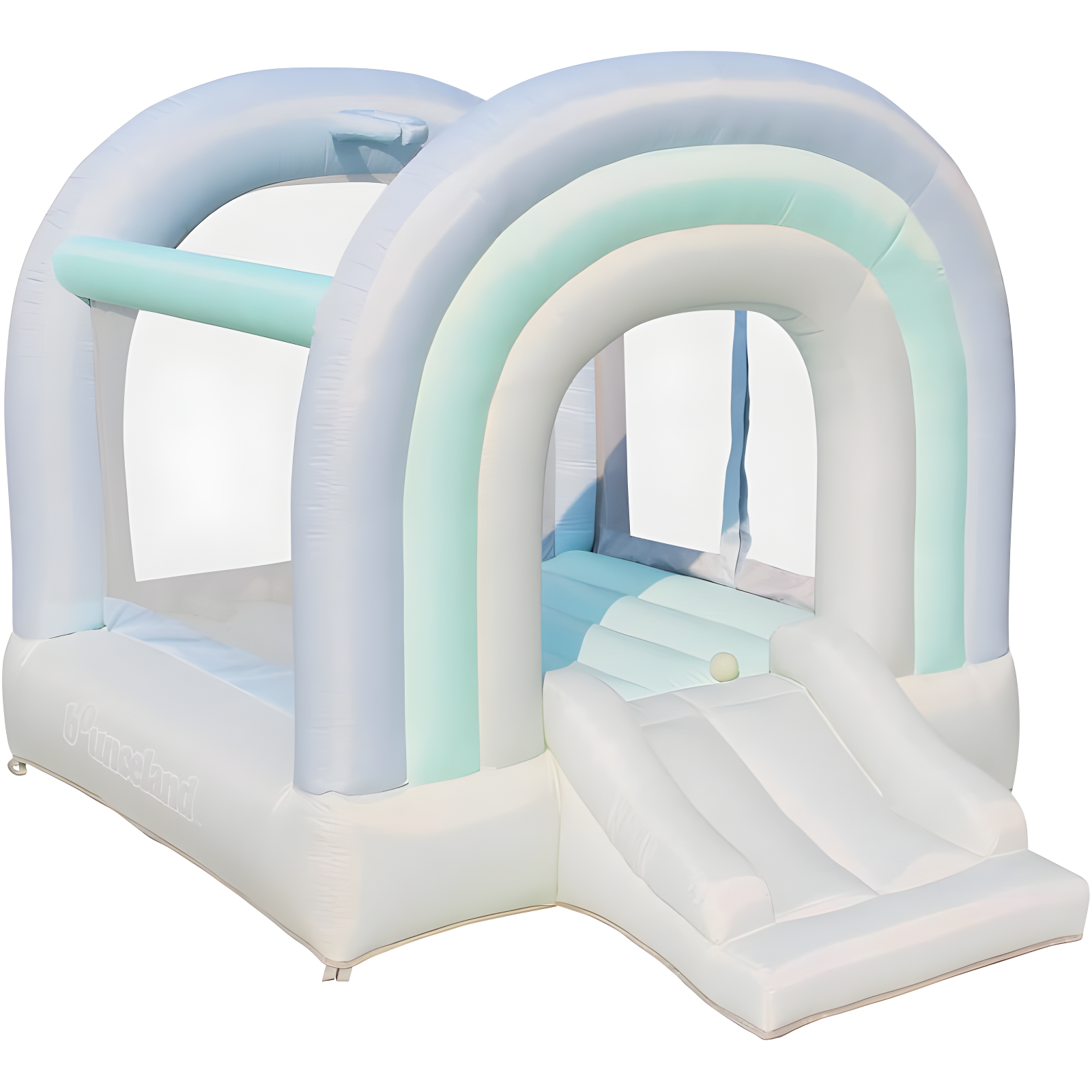 Pastel Blue and White Bounce House with Slide