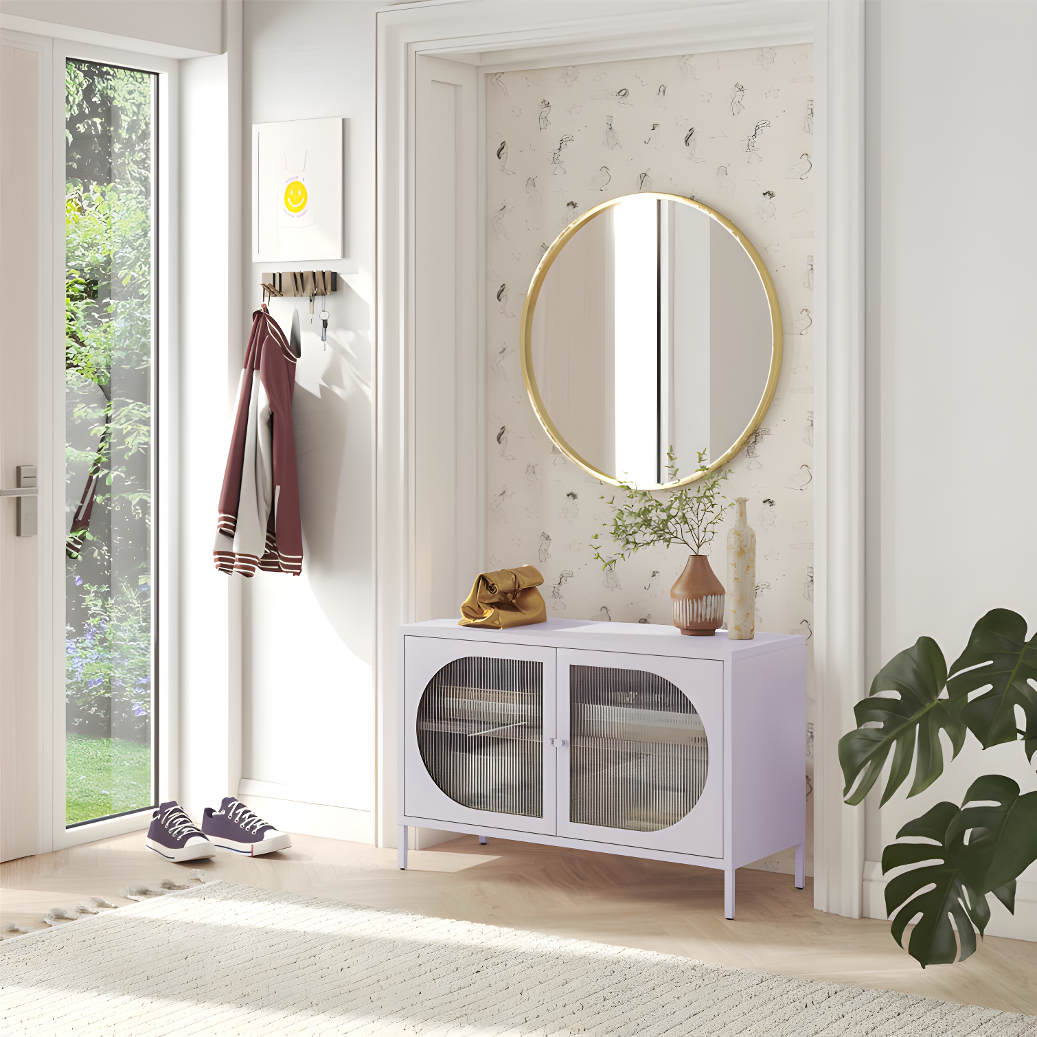 Lilac Metal Accent Cabinet with Fluted Glass Doors