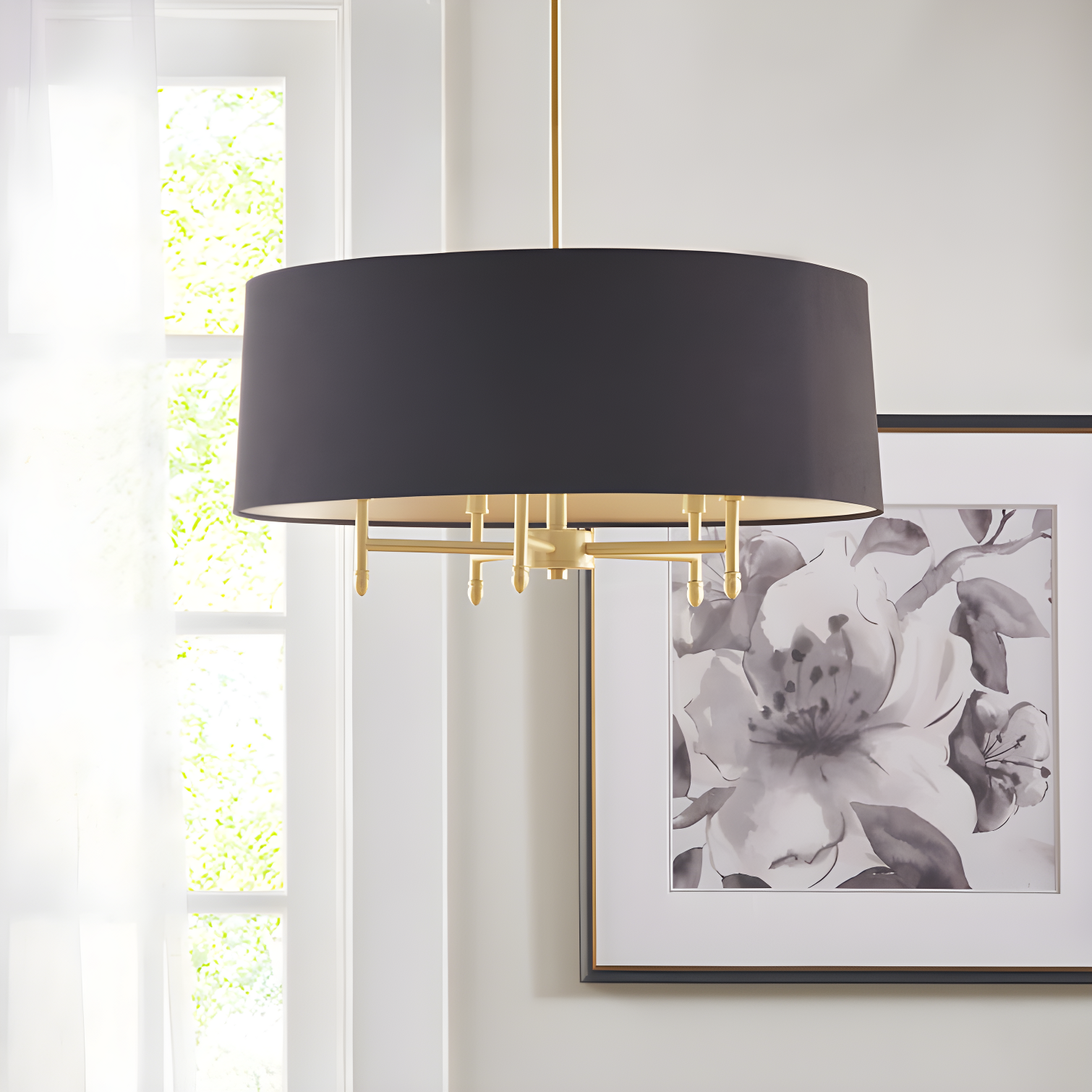 Gold and Black Brass Drum Shade Chandelier with Adjustable Height