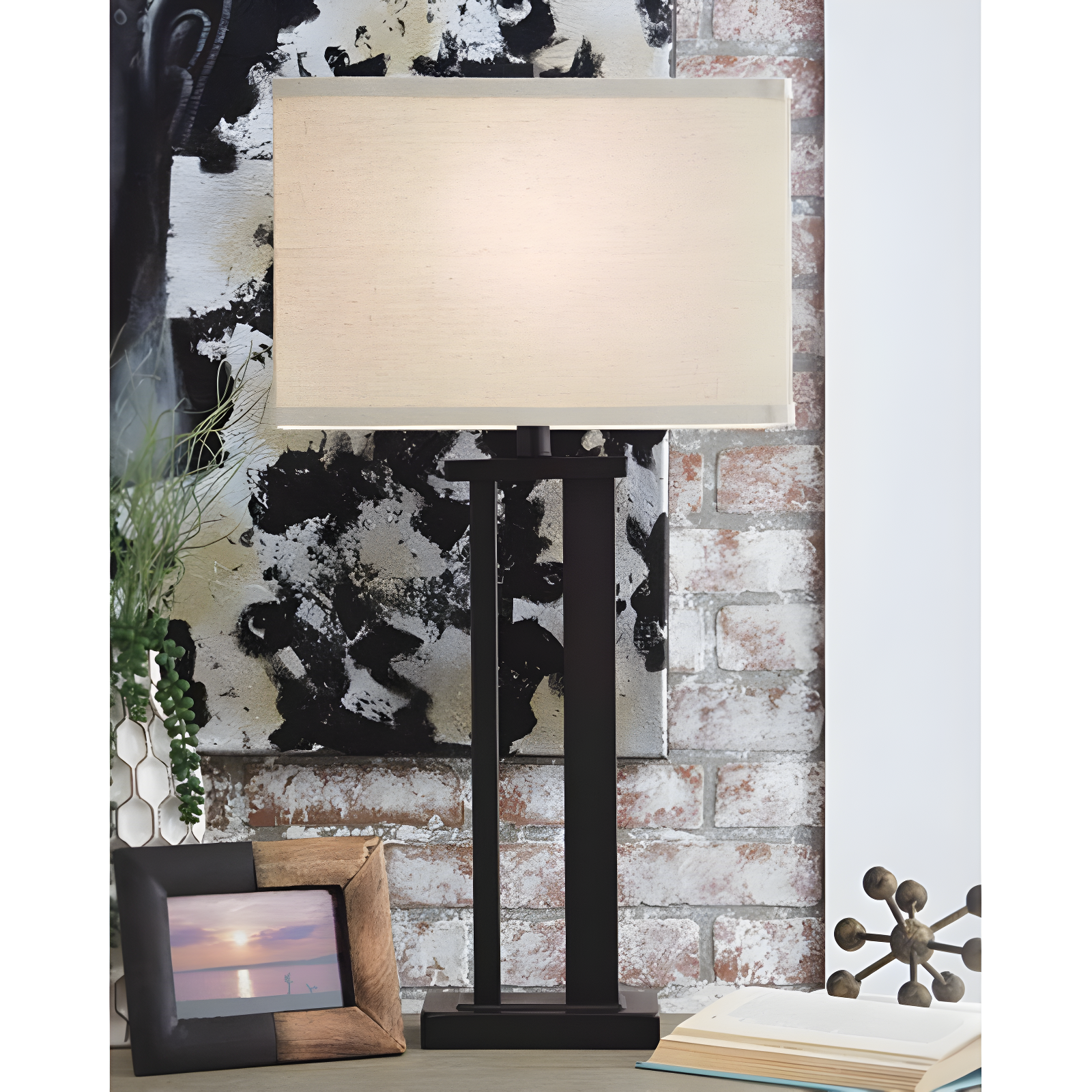 Set of 2 Bronze Metal Table Lamps with Beige Shades