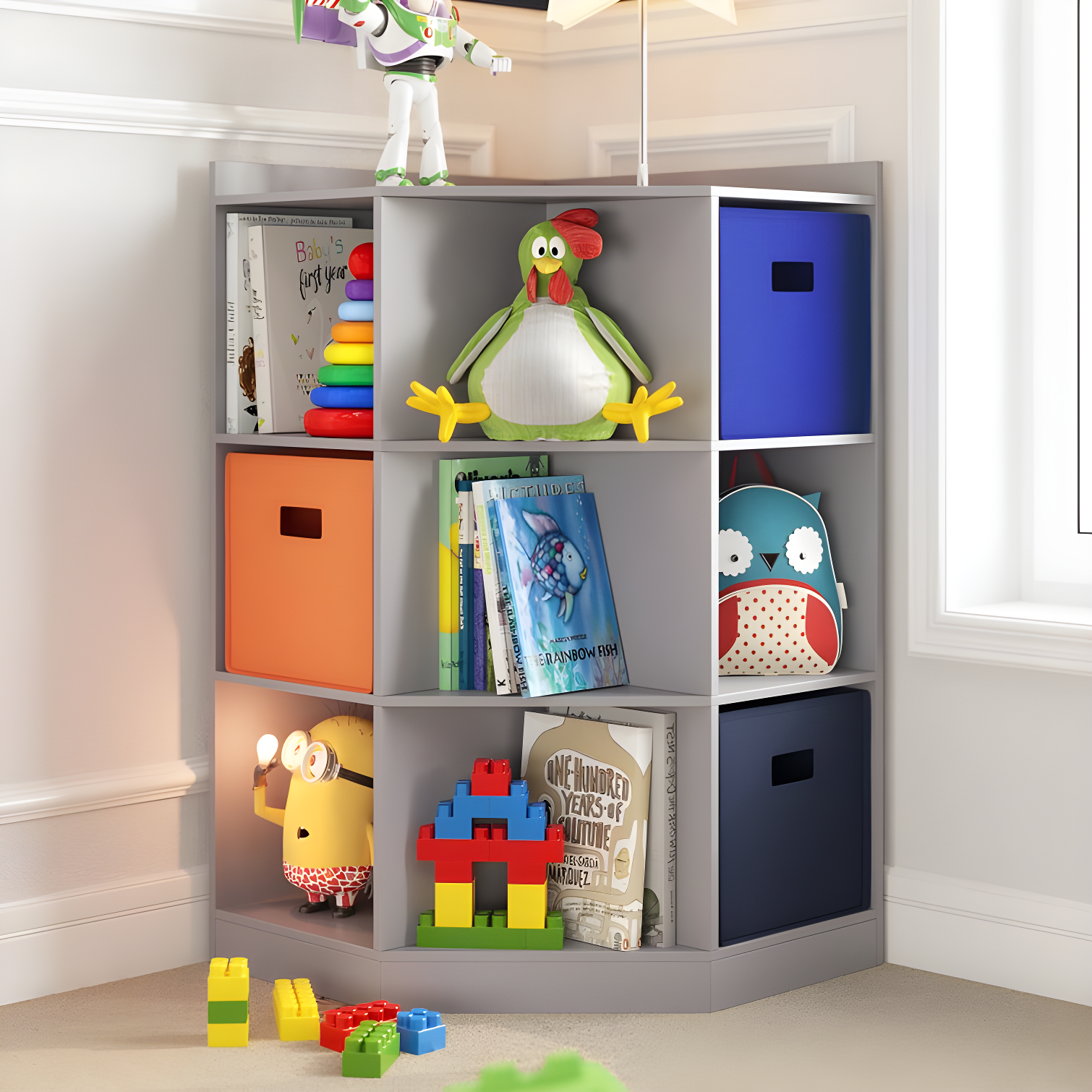 Gray Kids Corner Cabinet with 6 Cubbies and 3 Shelves