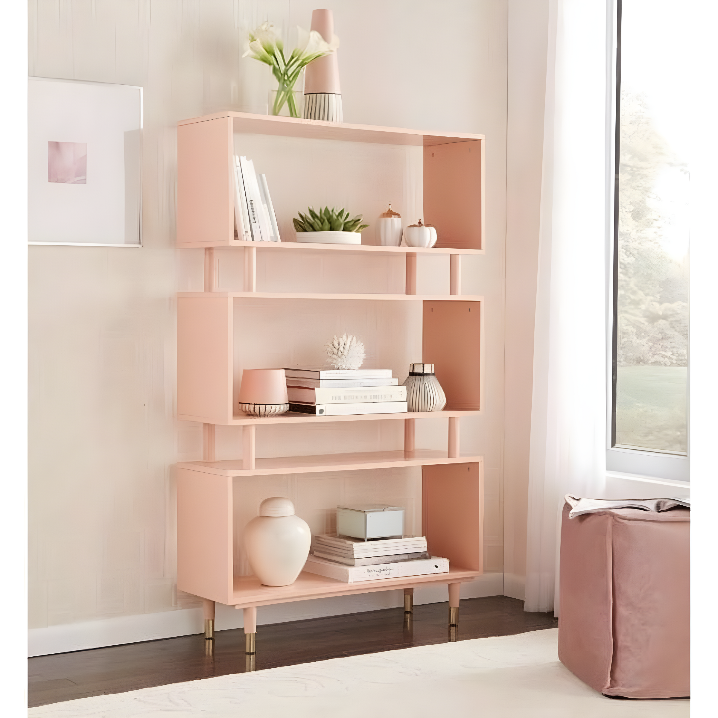 Blush Pink Mid-Century Modern 3-Tier Wooden Bookshelf