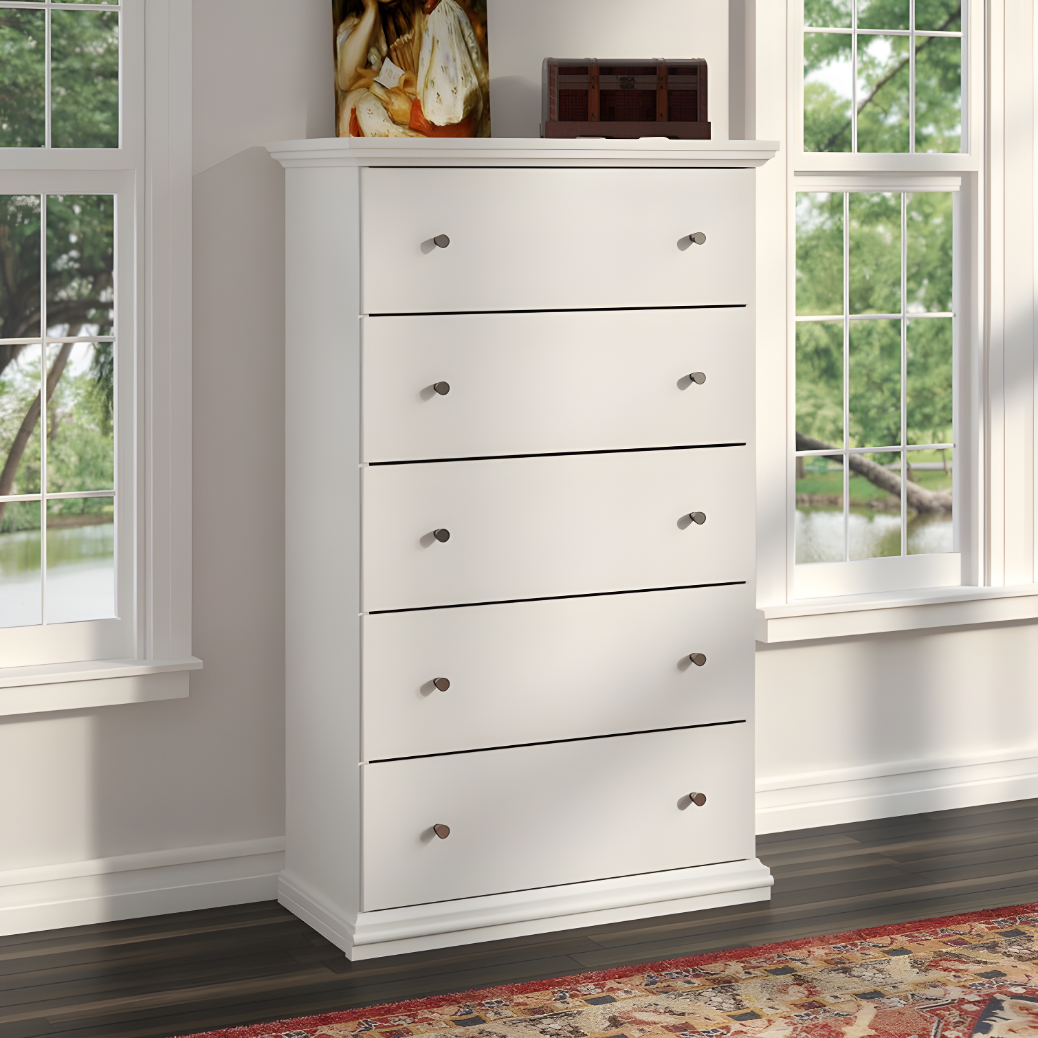 Cottage Charm White 5-Drawer Chest with Deep Storage and Roller Glides