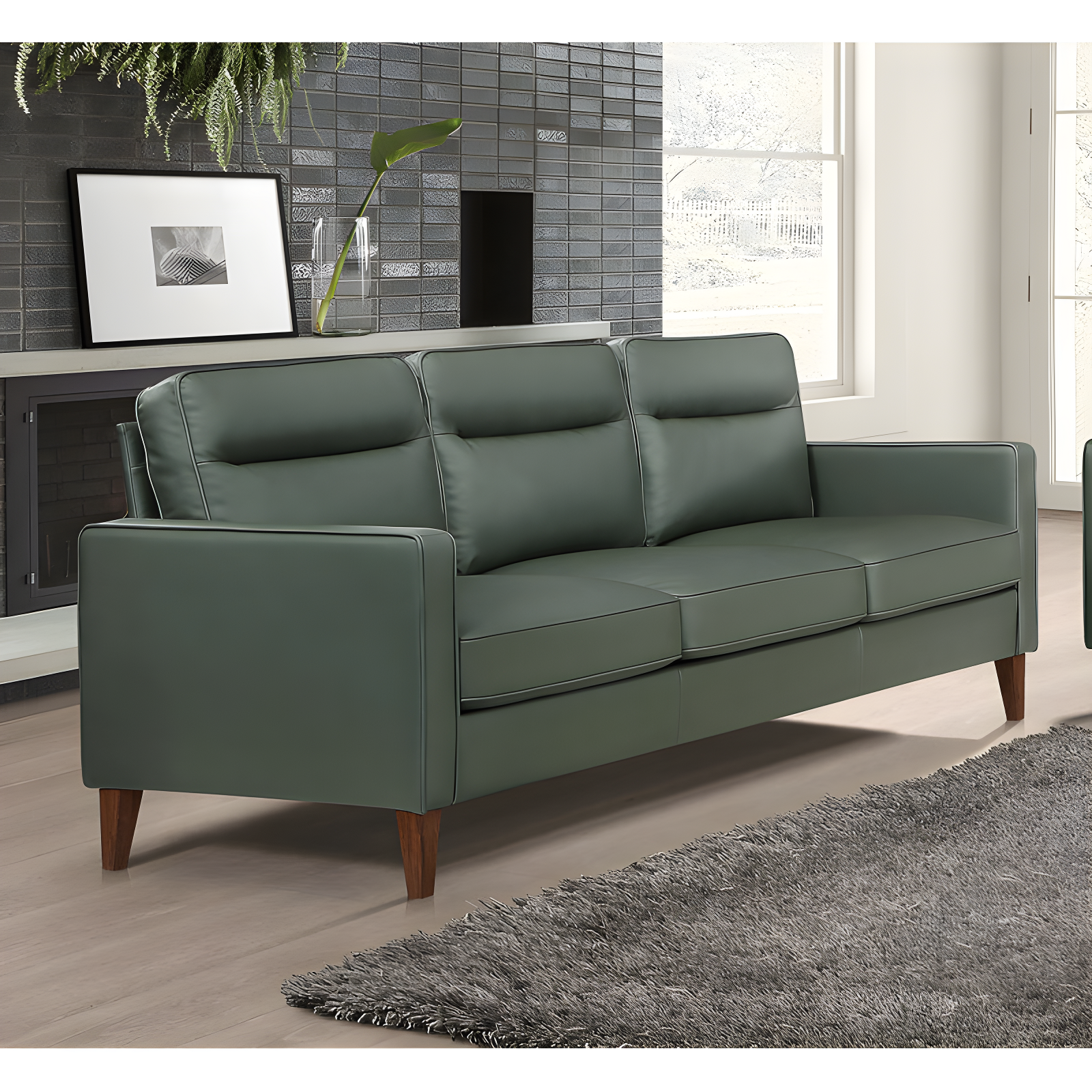 Green Faux Leather Tufted Track Arm Sofa with Wood Legs