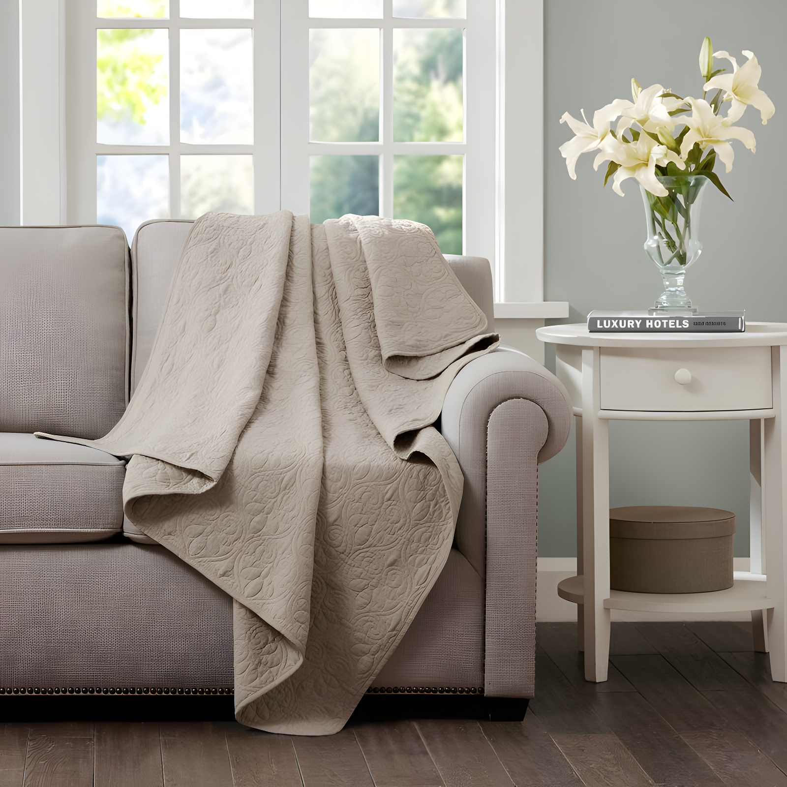 Khaki Cotton Quilted Throw Blanket with Floral Motif