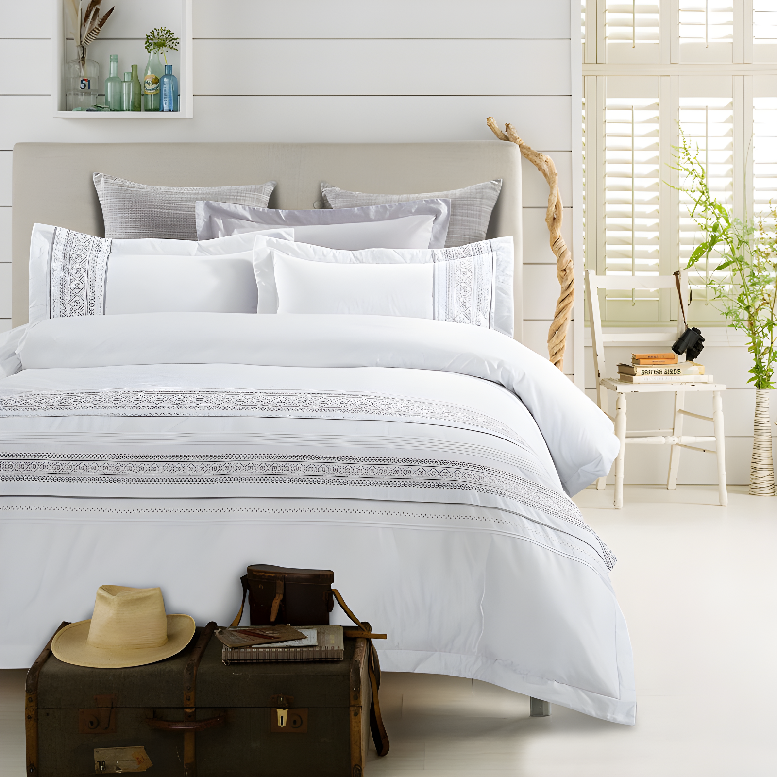 White Embroidered Cotton Twin/Twin XL Duvet Cover Set