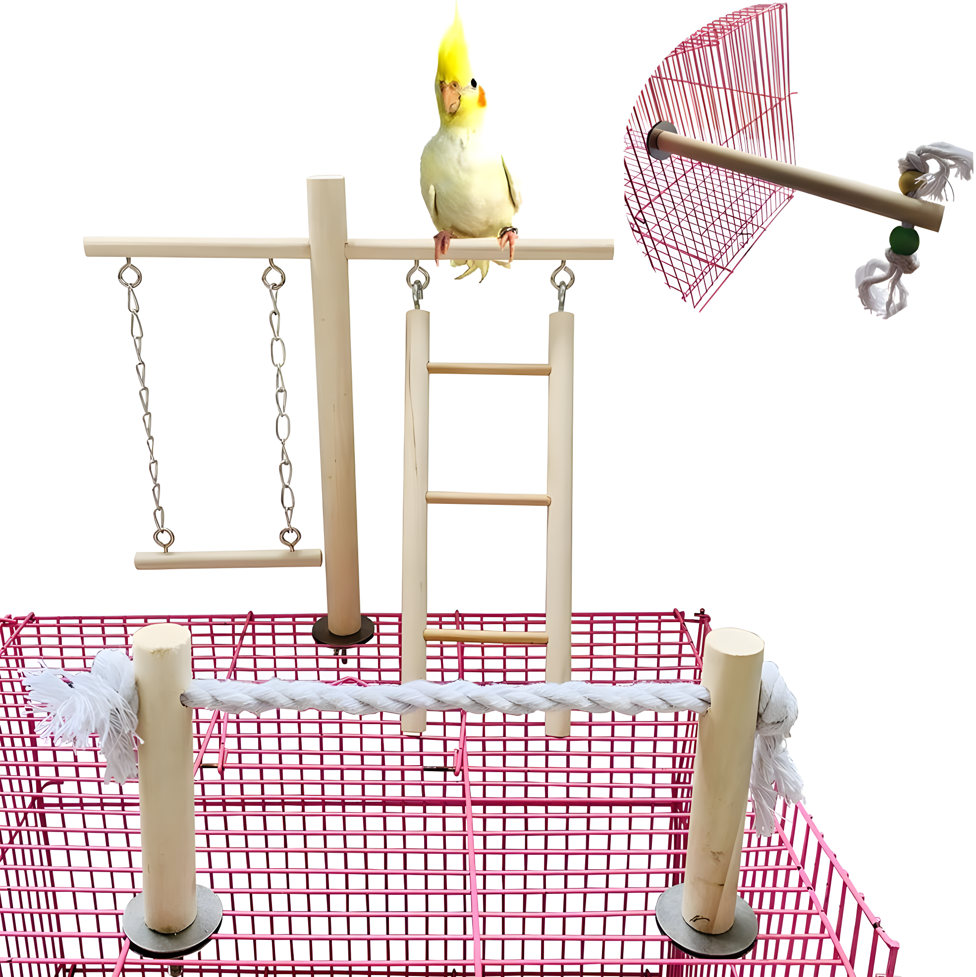 Natural Wood Bird Playground with Ladder and Swing Perch