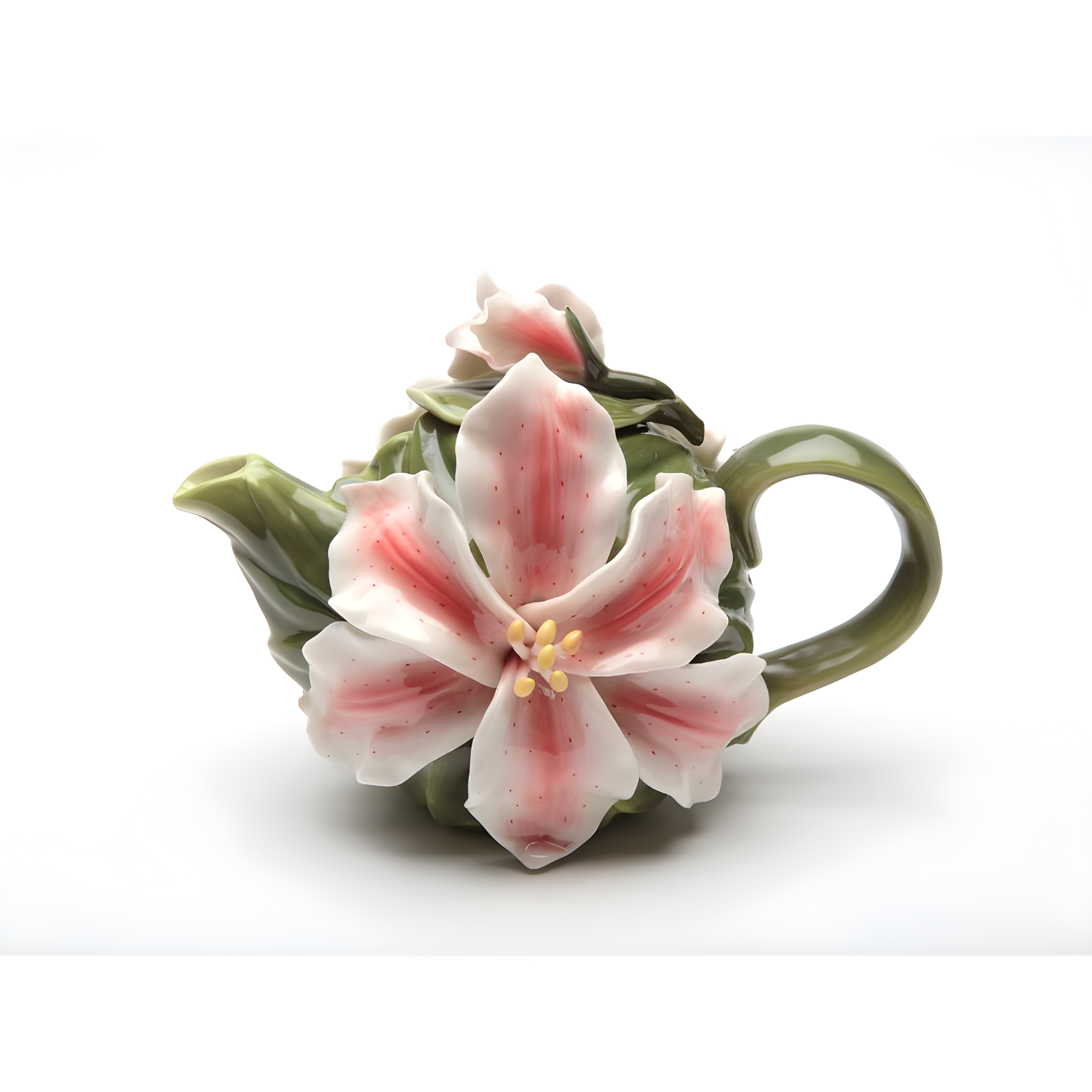 Handcrafted Green and Pink Ceramic Lily Flower Teapot