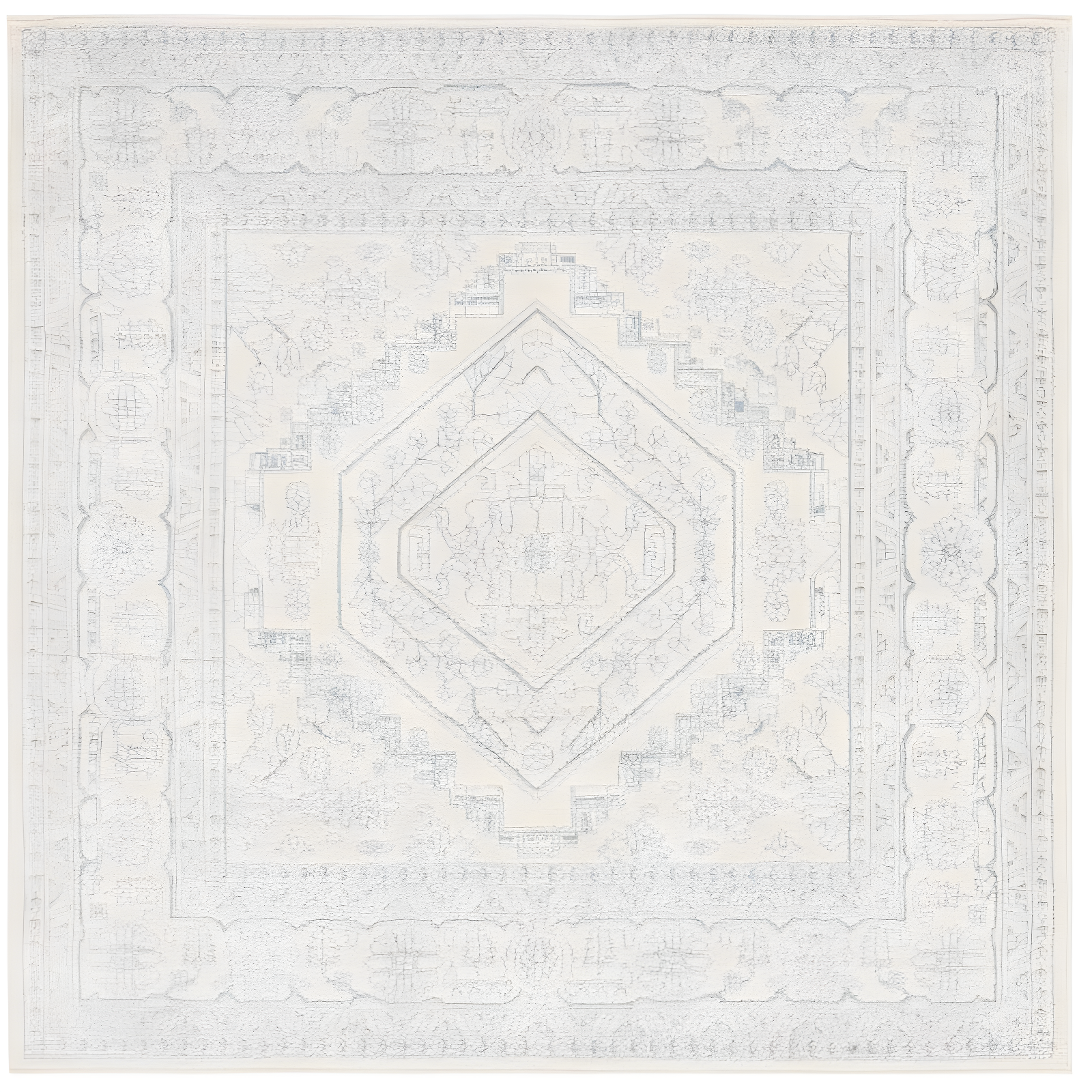 Ivory and Slate Medallion Synthetic Square Area Rug