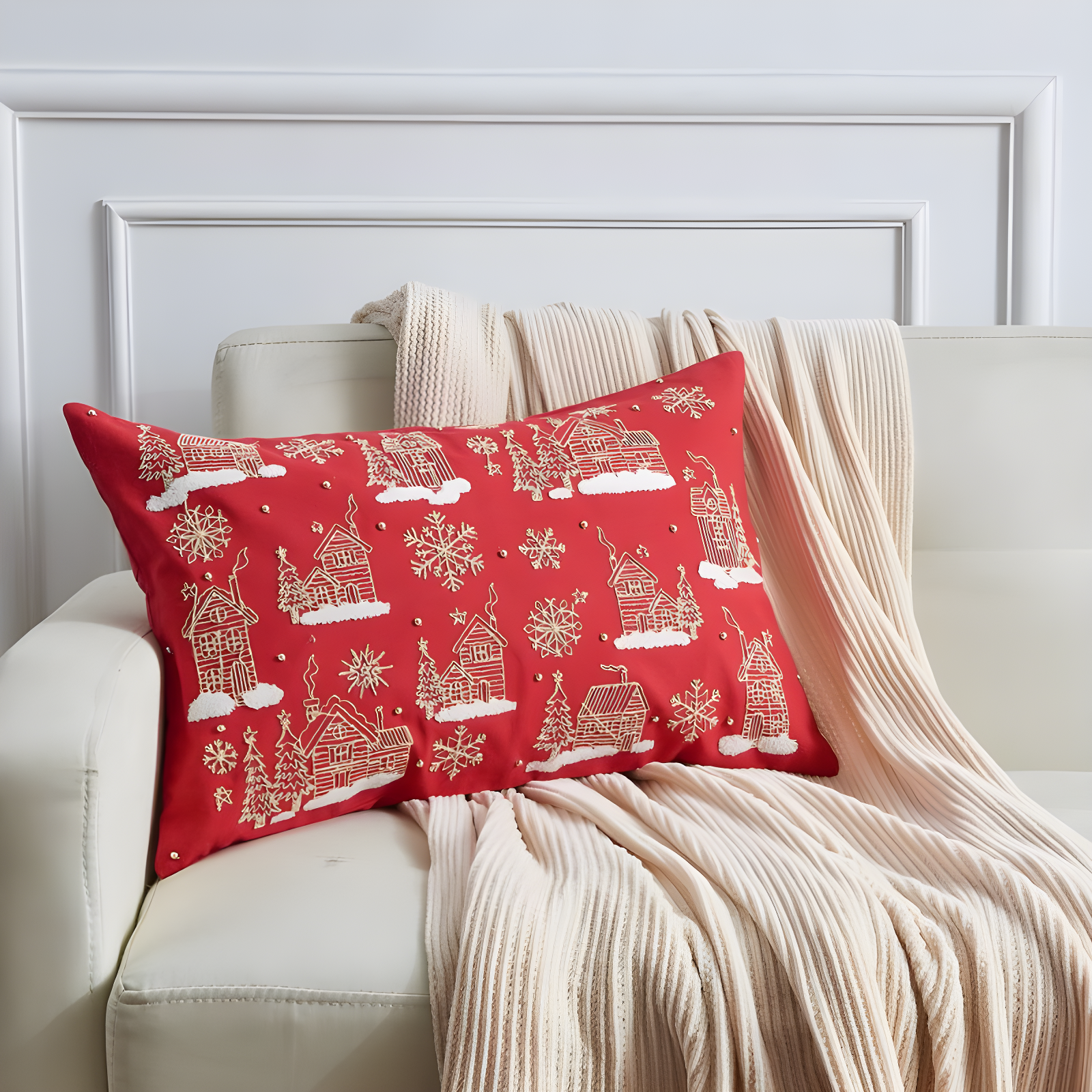 Red Embroidered Holiday Snowflake Scene Rectangle Pillow