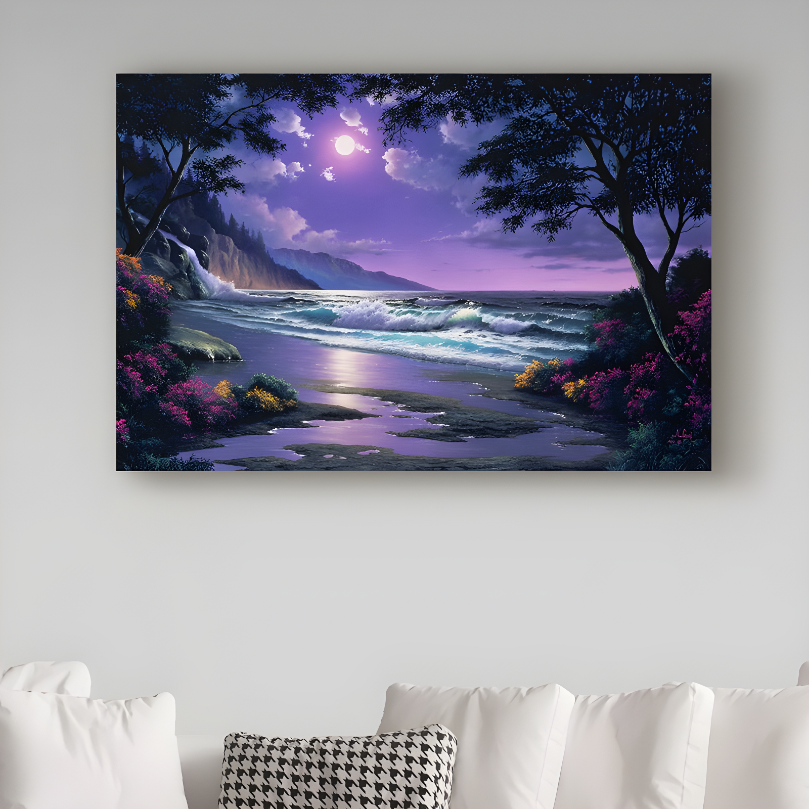 Purple Moonlit Coastal Landscape Framed Canvas Art