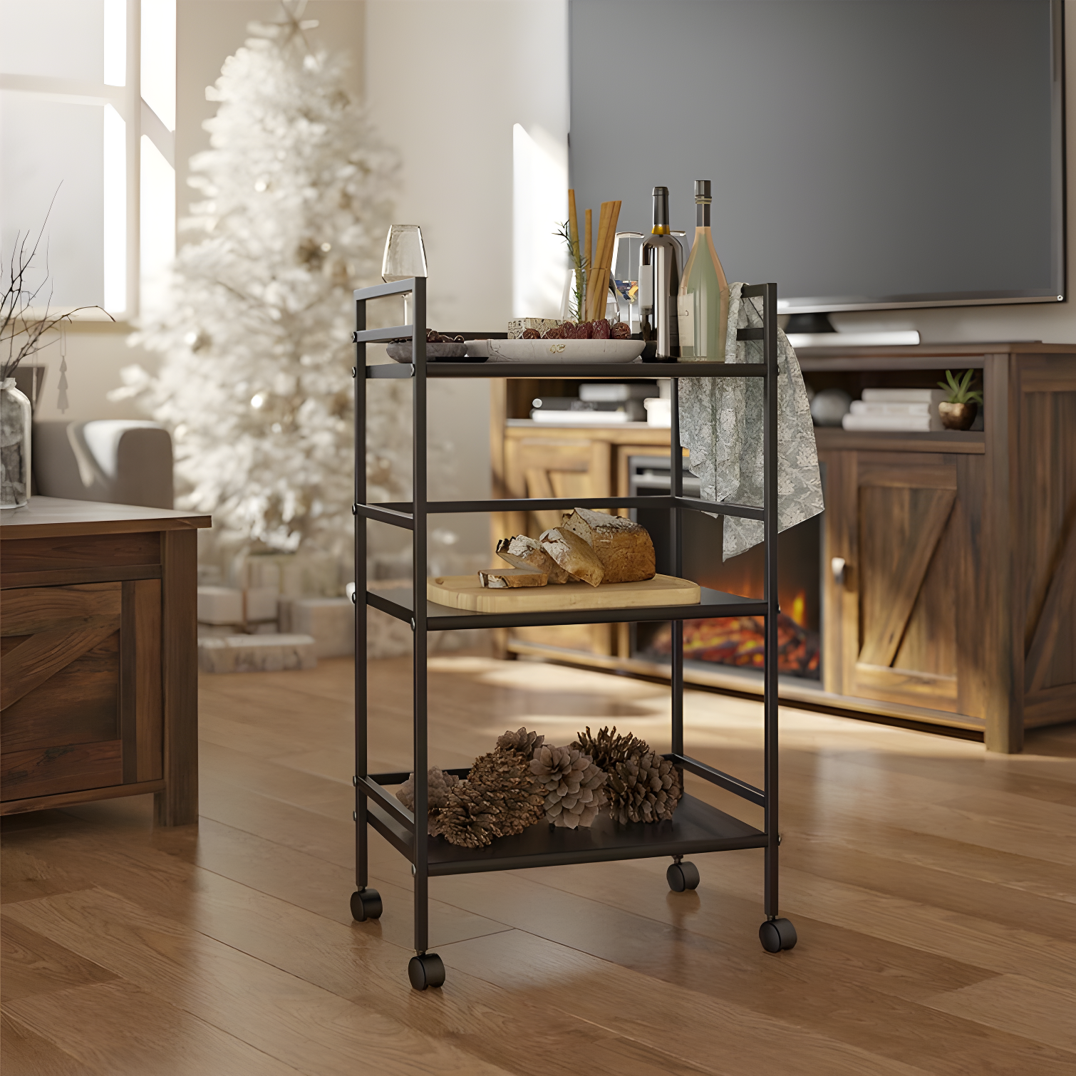 Black Metal 3-Shelf Rolling Utility Cart