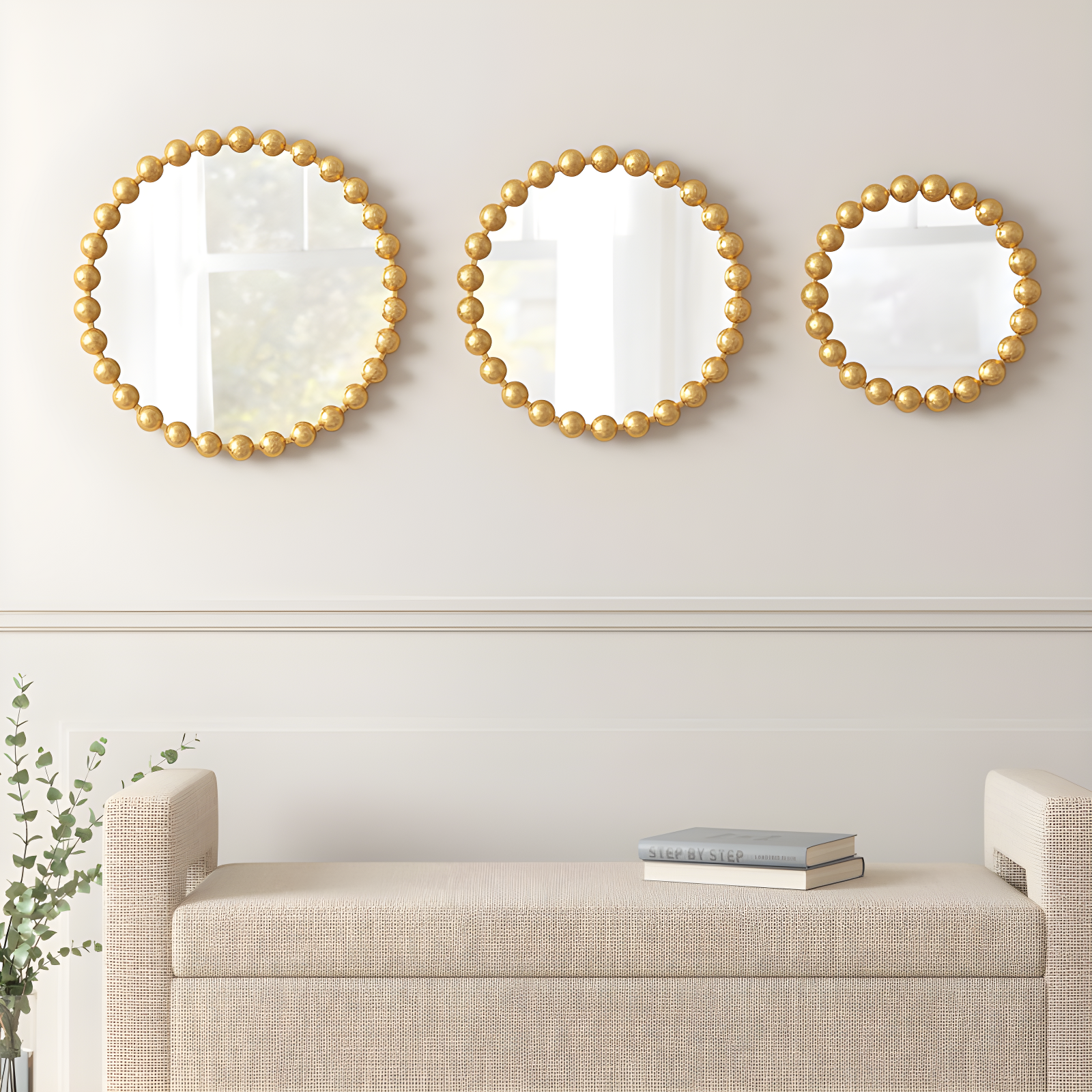 Marlowe Gold Beaded Round Wall Mirror 3-Piece Set