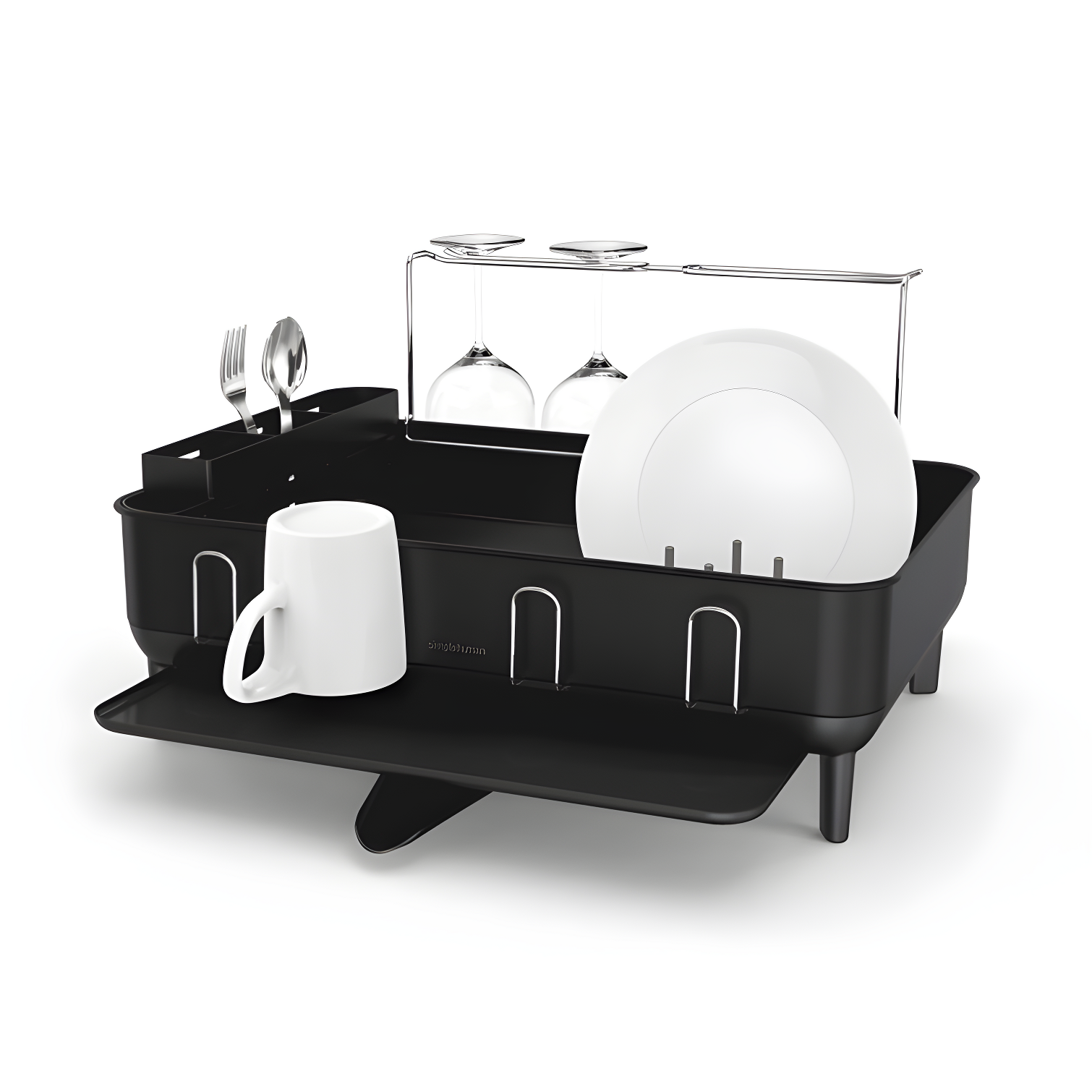 Matte Black Stainless Steel Frame Dishrack with Wine Glass Holder