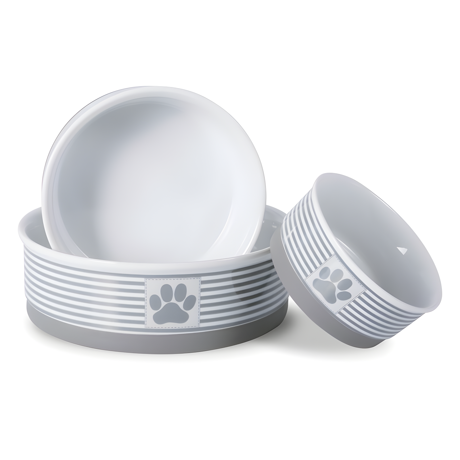 Gray Striped Ceramic Pet Bowl with Paw Print, Small