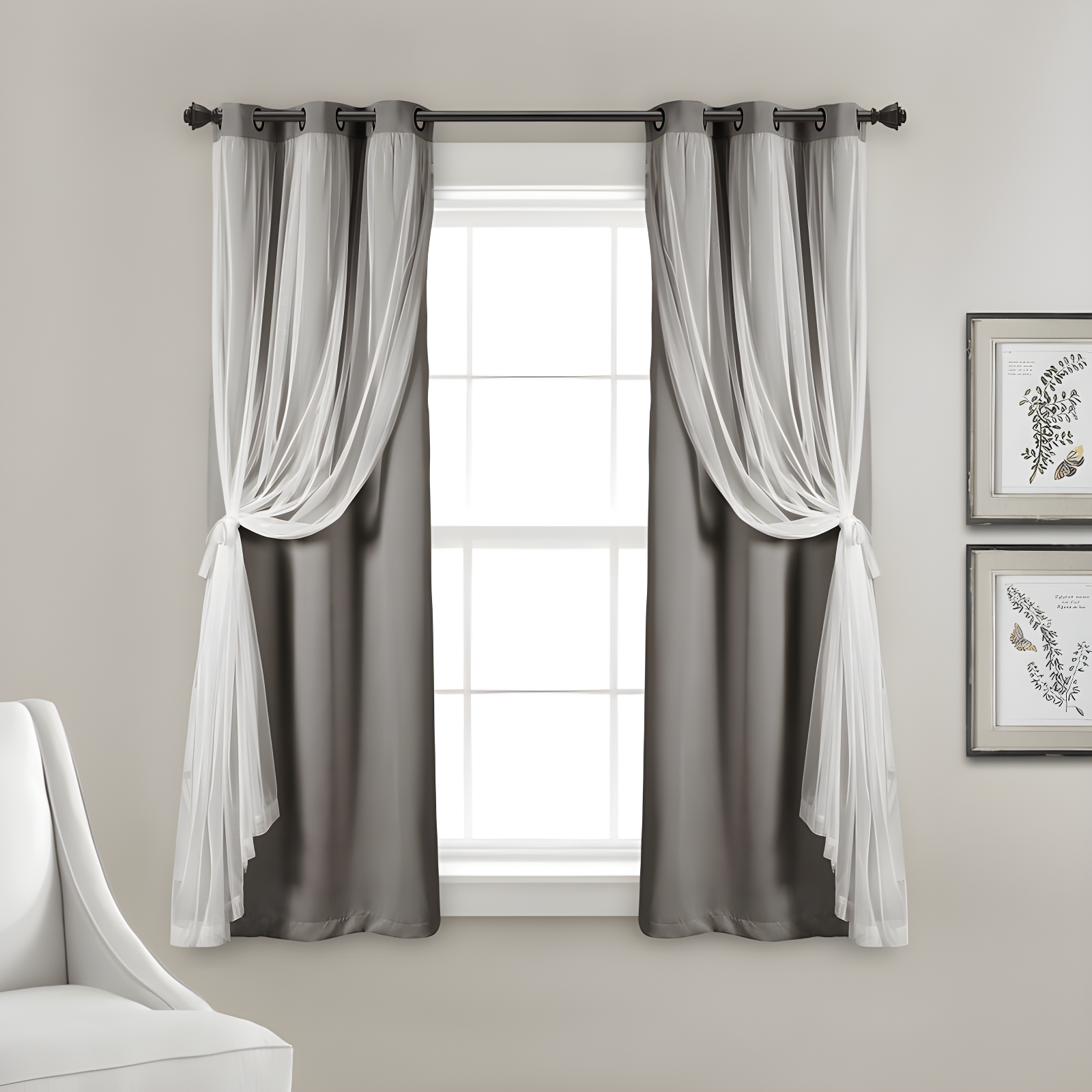 Light Gray Grommet Blackout and Sheer Curtain Panels, 38"W x 45"L