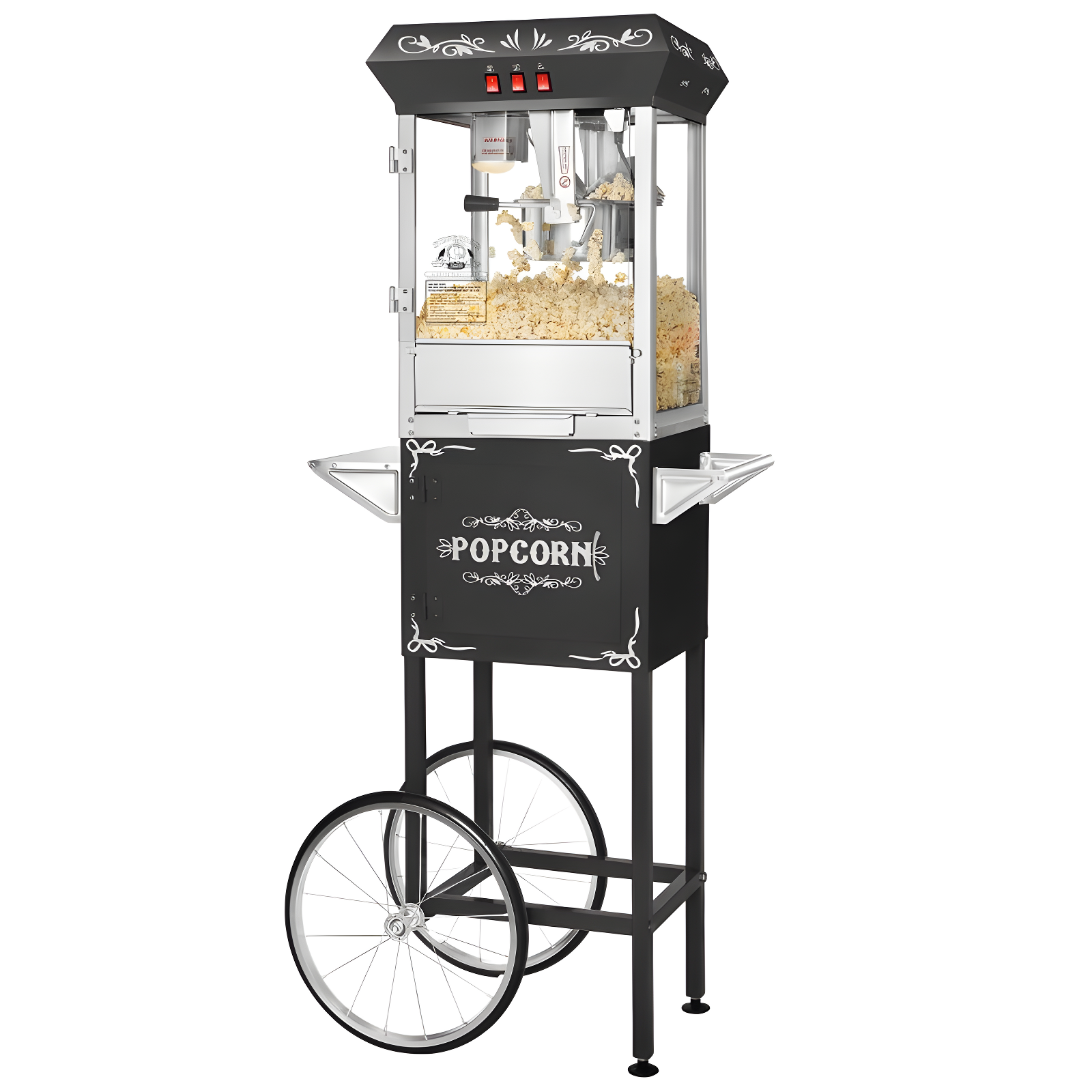 Vintage Black Popcorn Machine with Cart and Stainless Steel Kettle