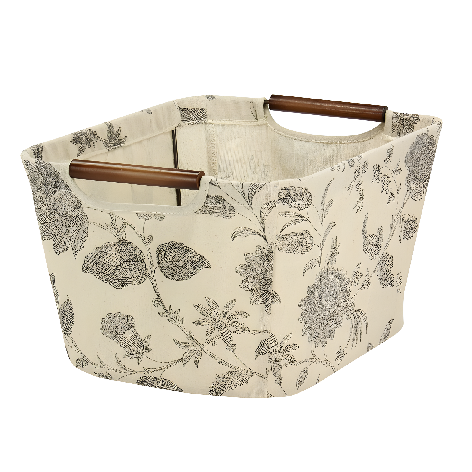 Small Beige Floral Tapered Storage Bin with Wood Handles