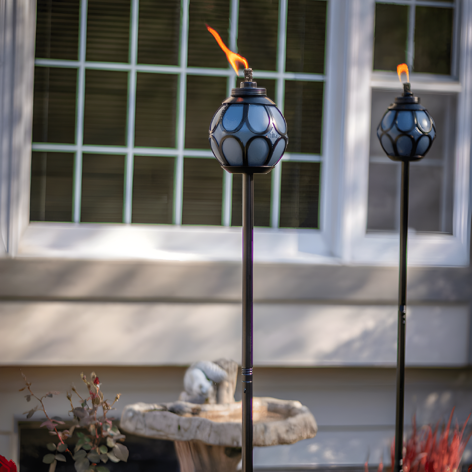 Black and Blue Metal Globe Tabletop Tiki Torch Set