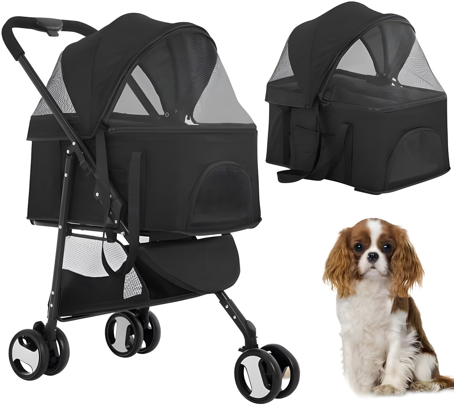 Black Linen and Stainless Steel Pet Stroller with Detachable Carrier