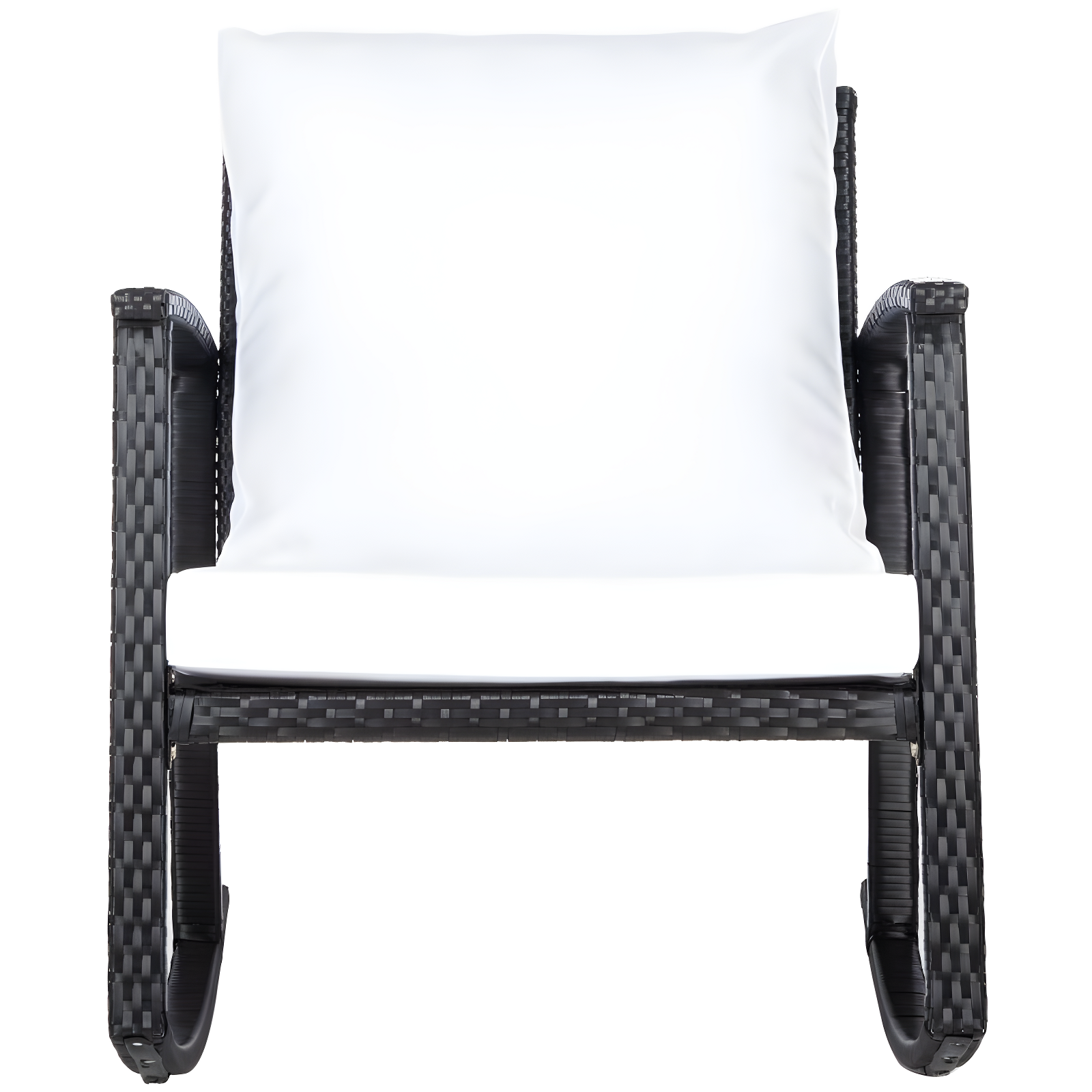 Breezy Black PE Rattan Rocking Chair with Plush White Cushions