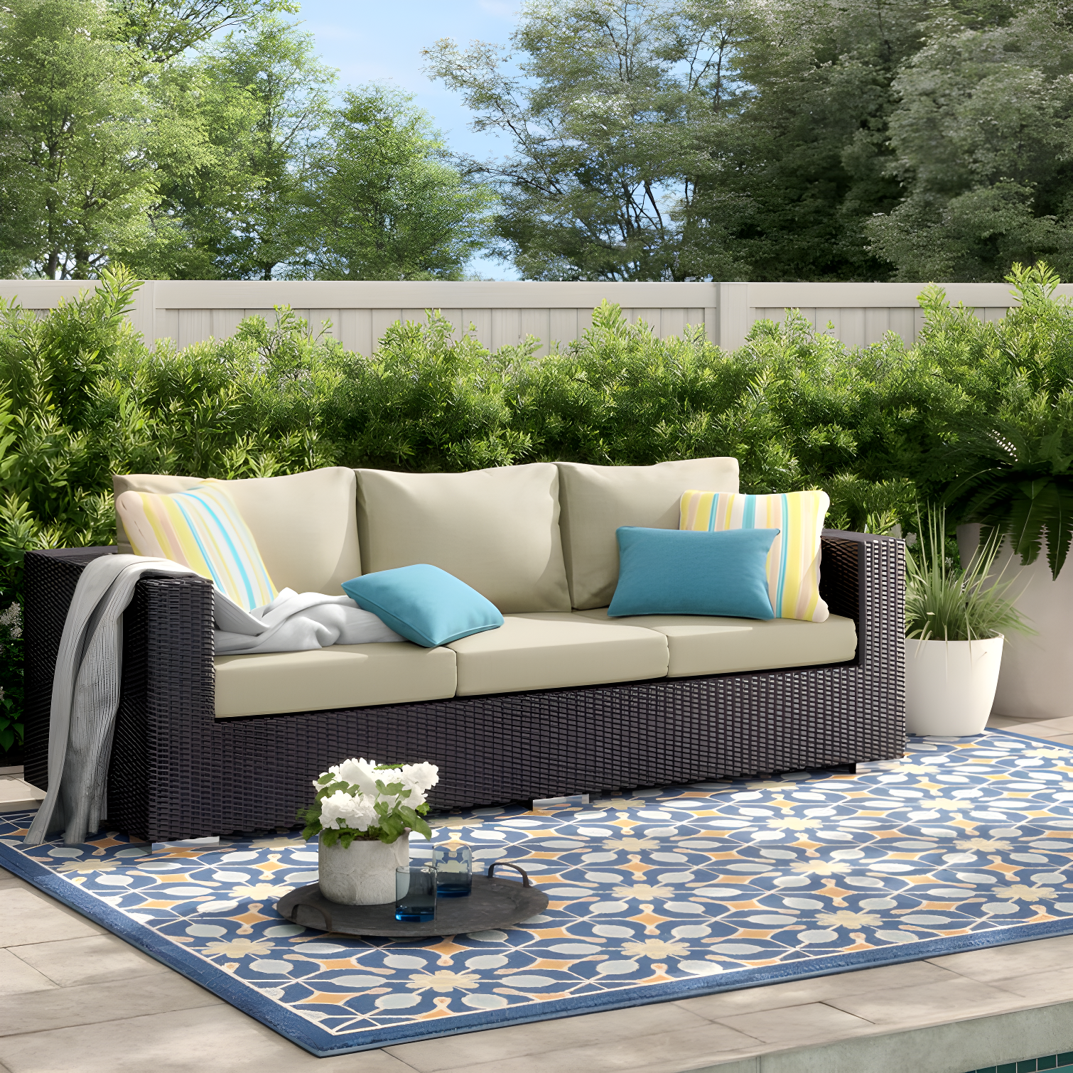 Espresso Beige Wicker Rattan Outdoor Sectional Sofa