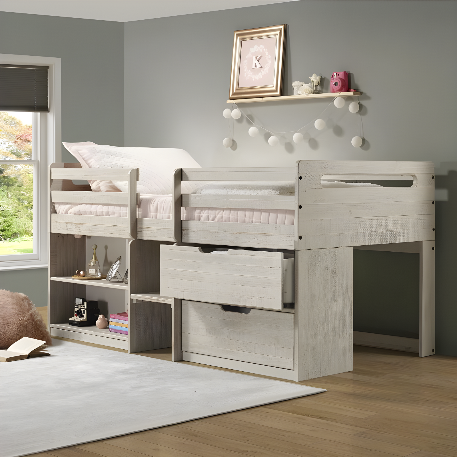 Twin Light Grey Pine Wood Loft Bed with Storage Drawers