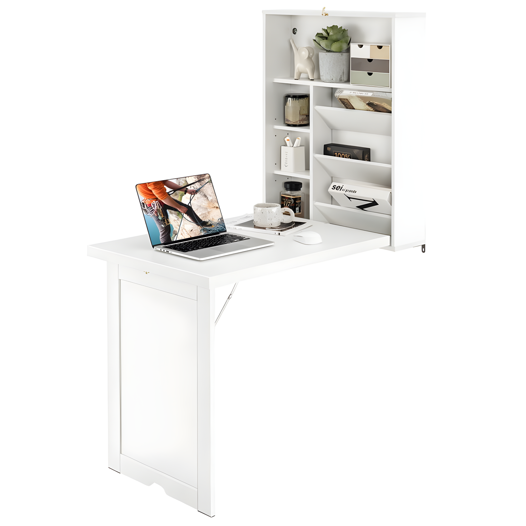 White Foldable Wall Mounted MDF Desk with Shelves