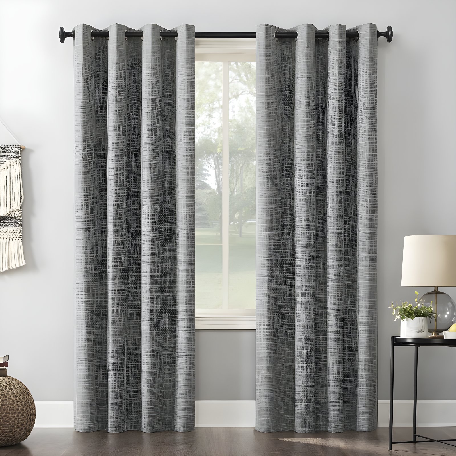 Gray Burlap Weave Blackout Grommet Curtain Panel