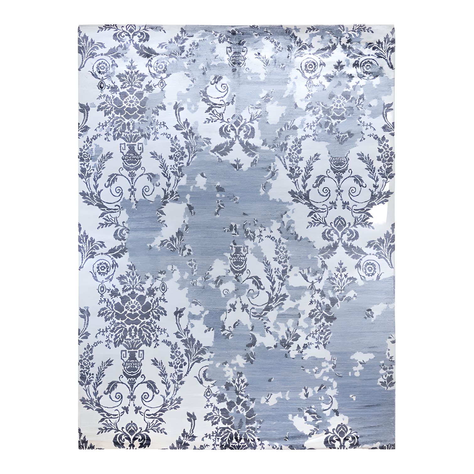 Ivory and Blue Hand-Knotted Silk Rectangular Area Rug