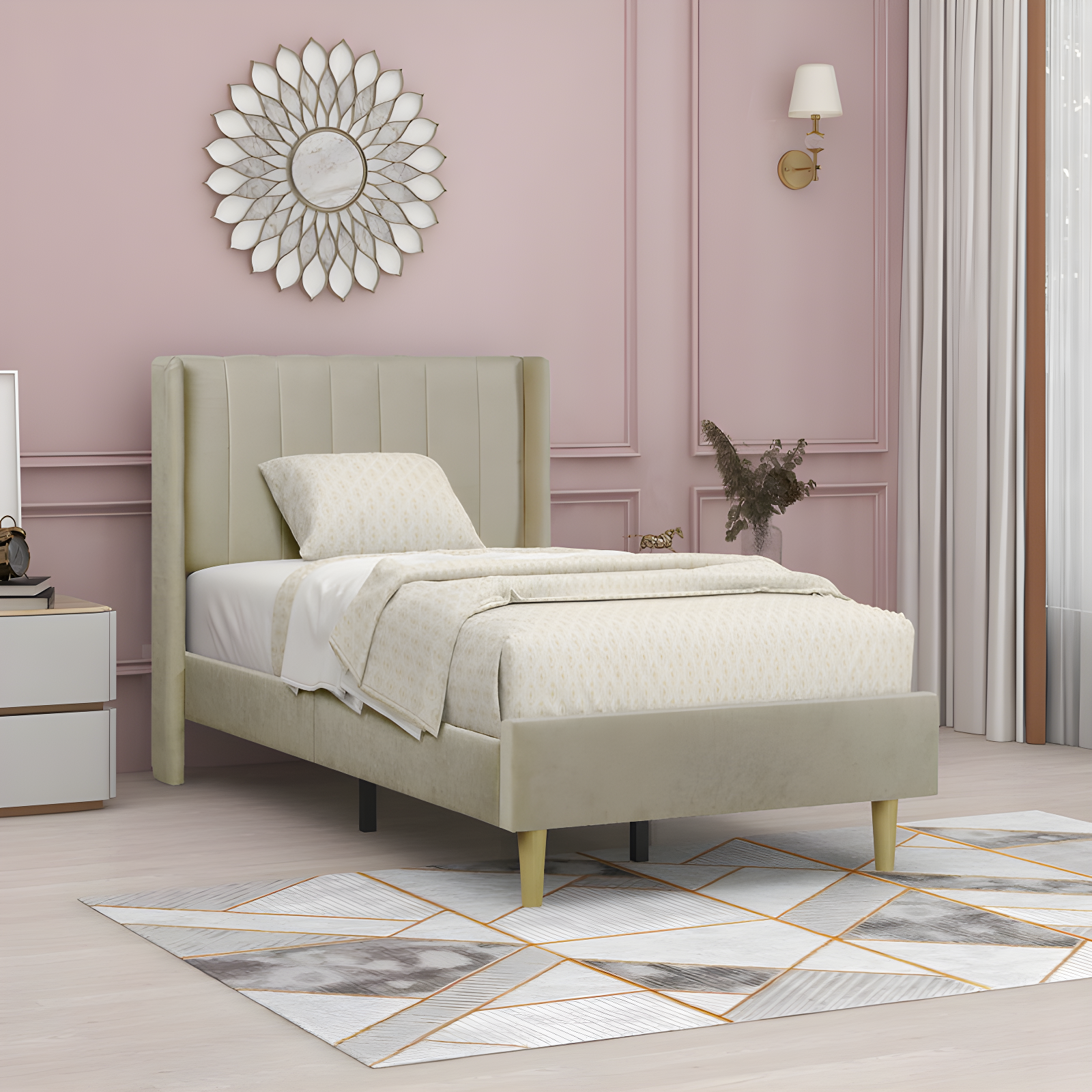 Beige Linen Twin Upholstered Platform Bed with Tufted Headboard