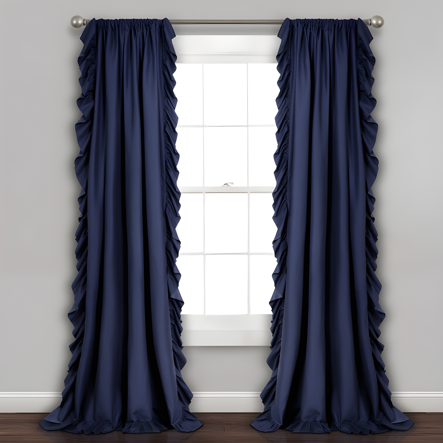 Navy Polyester Room-Darkening Ruffled Curtain Panel Set