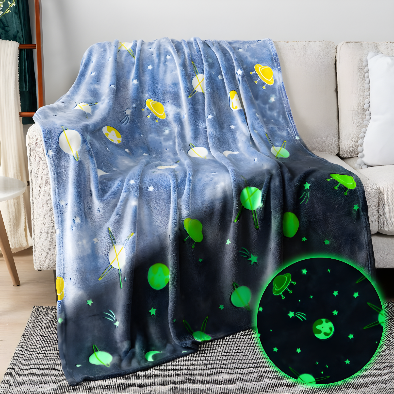 Glow in the Dark Space Planet Fleece Blanket for Kids