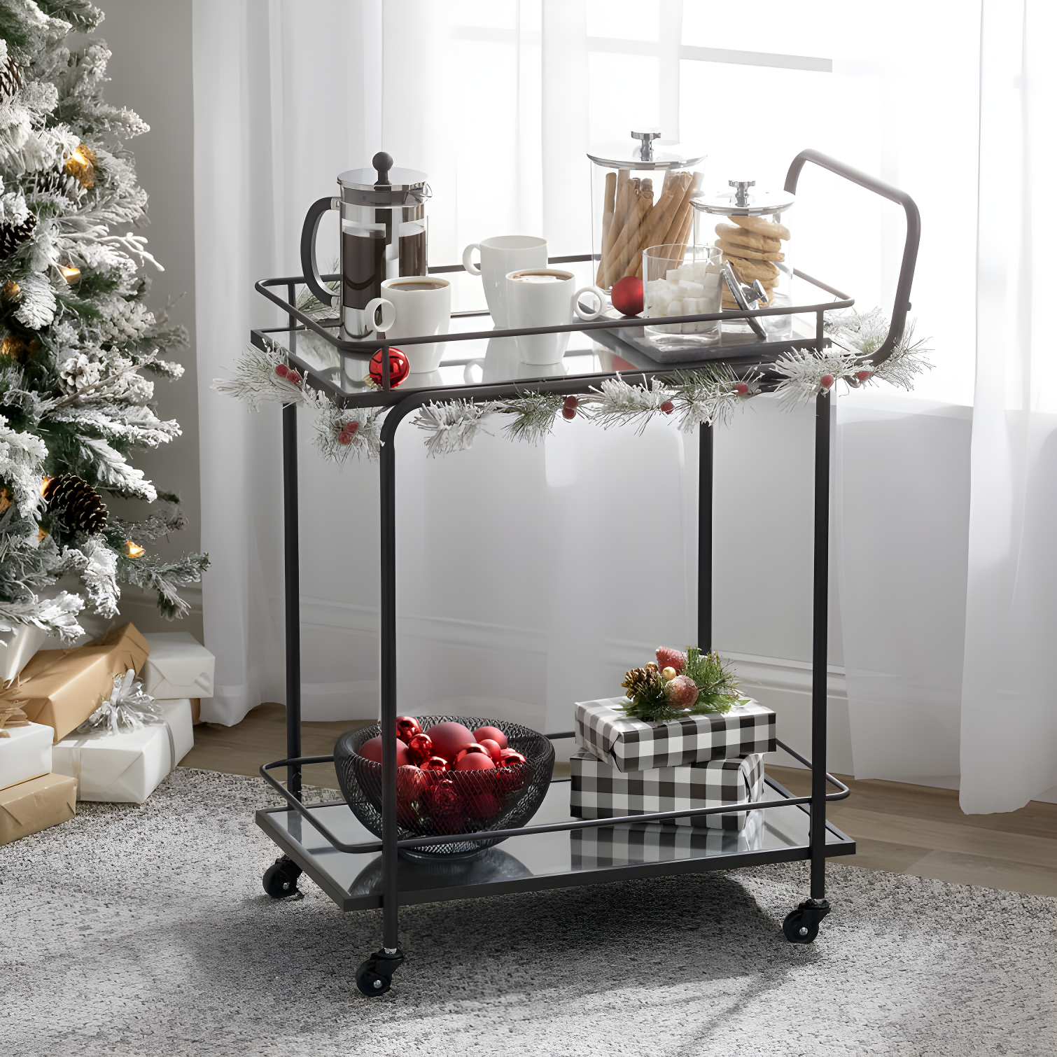 Elegant Black Metal Rectangular Bar Cart with Glass Shelves and Wine Rack