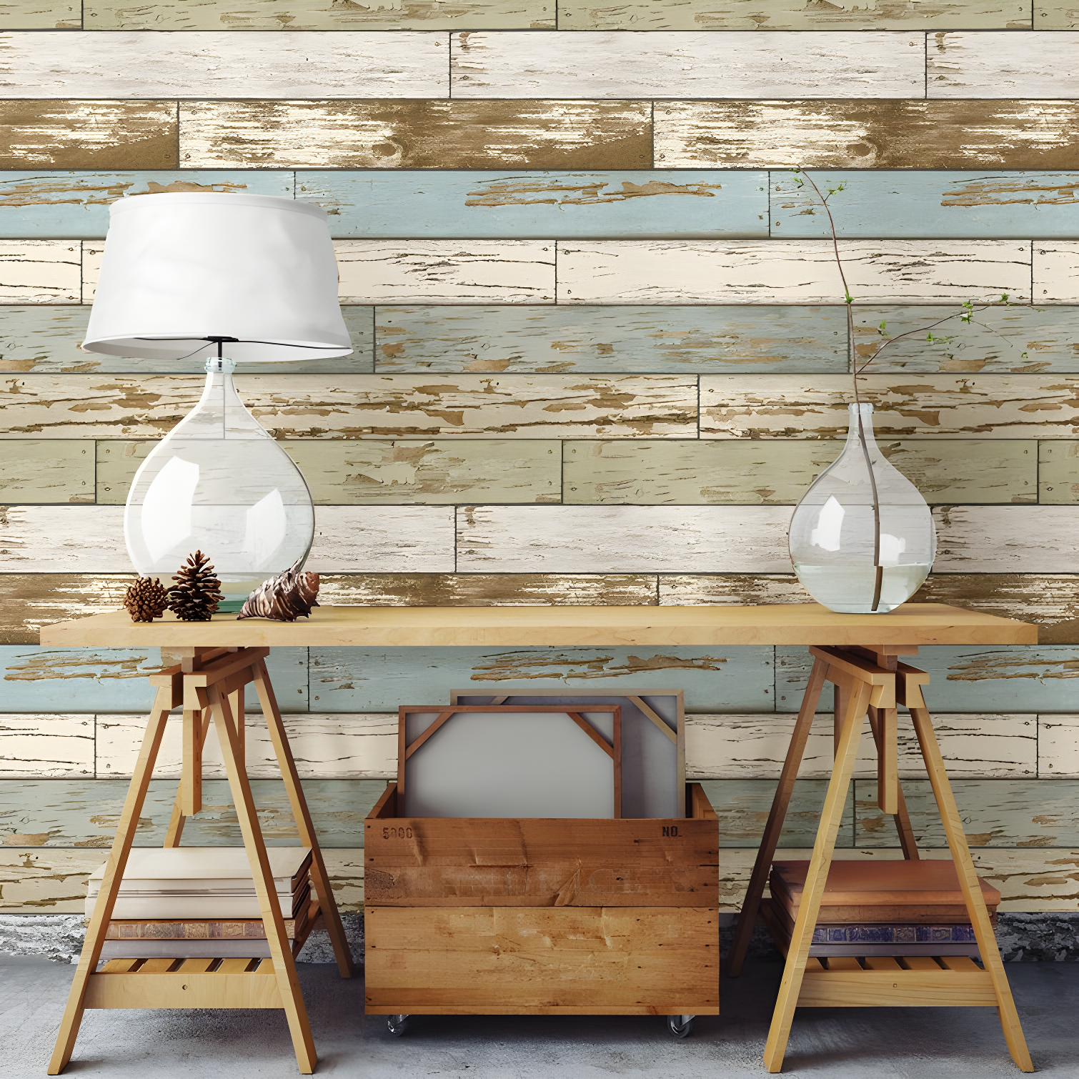 Vintage Turquoise and Beige Wood Peel and Stick Wallpaper