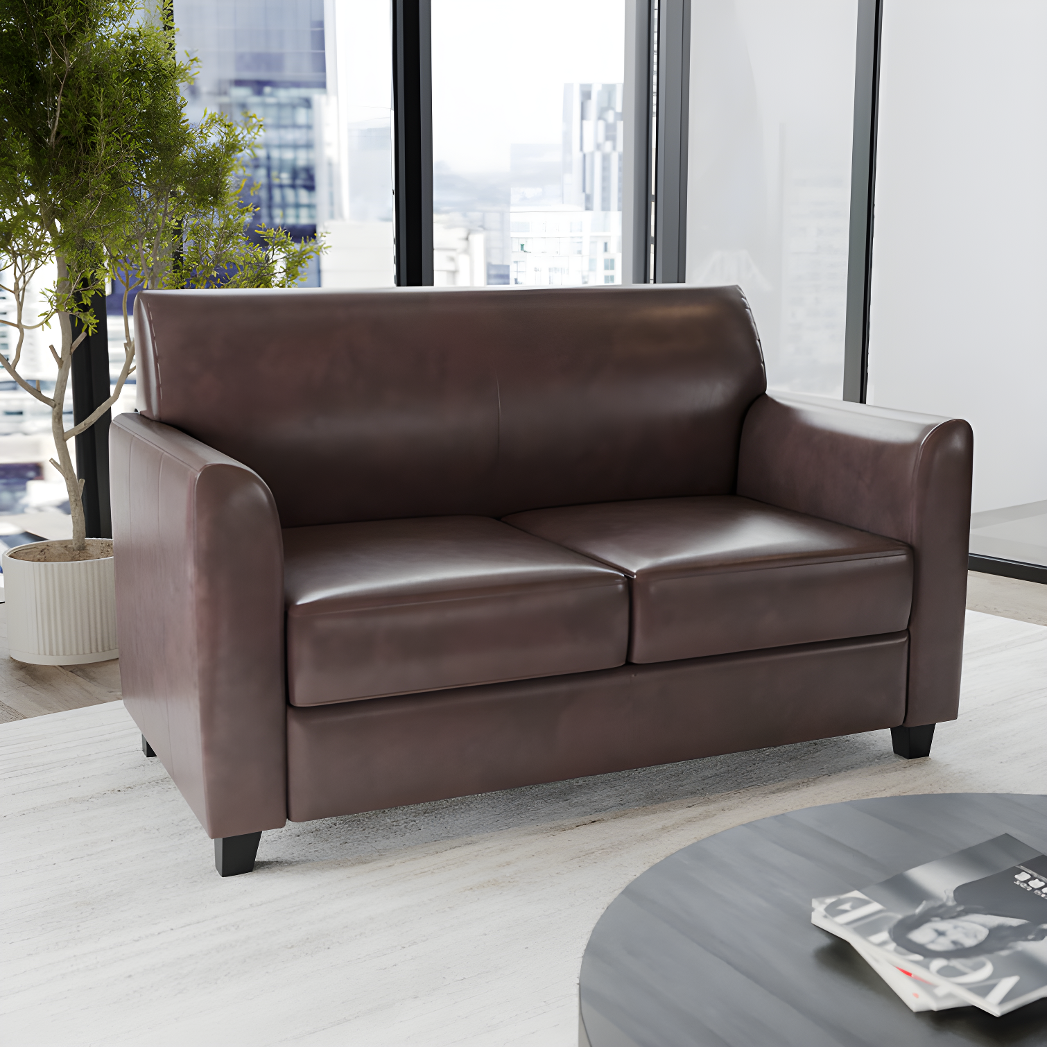 Brown Faux Leather Reception Loveseat with Flared Arms