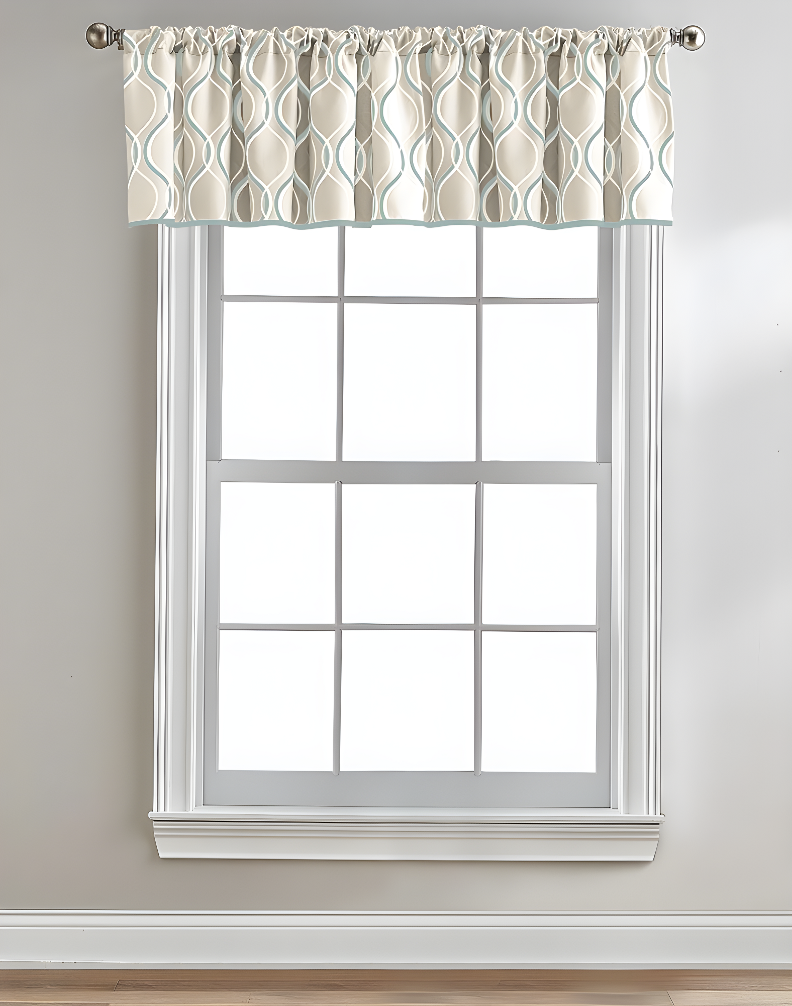 Aqua and Beige Ogee Print Rod Pocket Valance