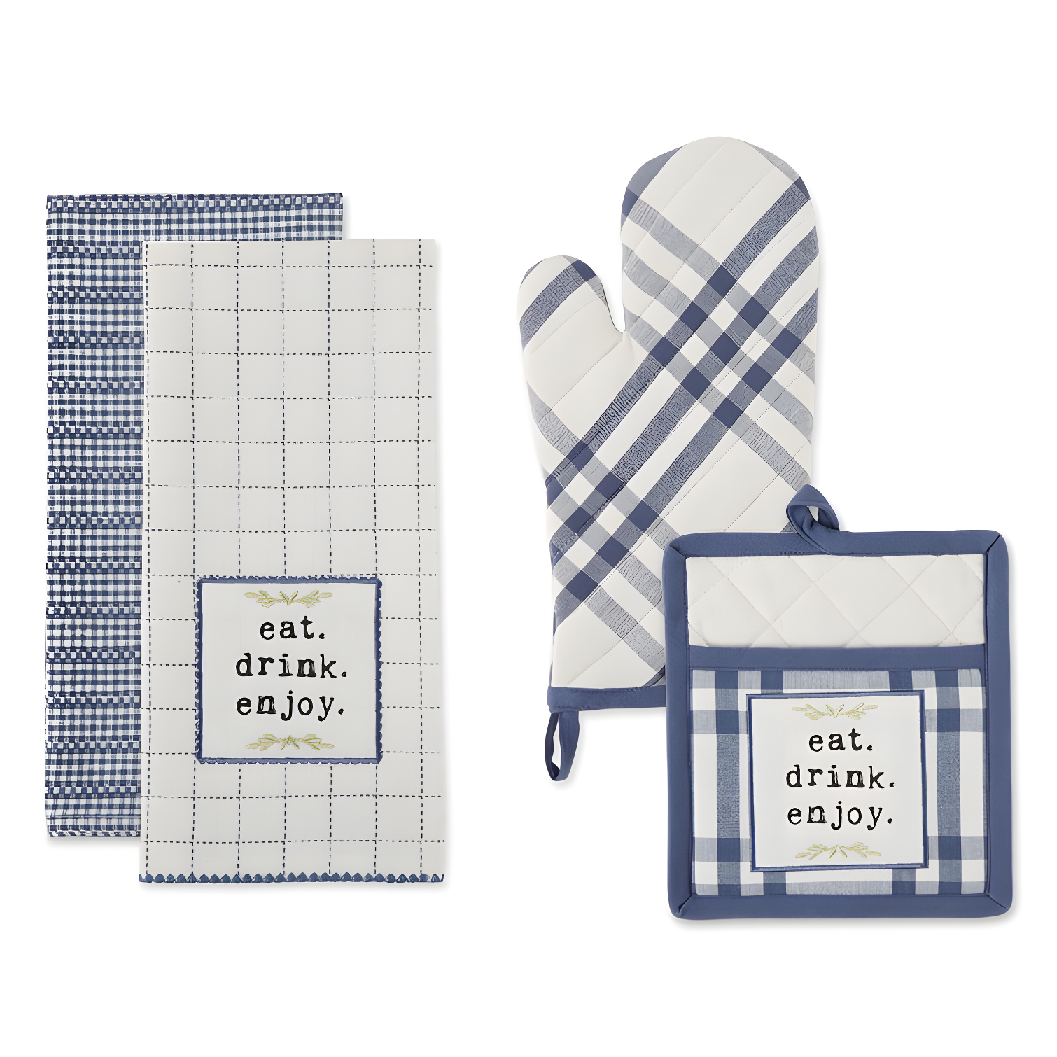 French Blue Cotton Plaid Kitchen Towel and Mitt Set